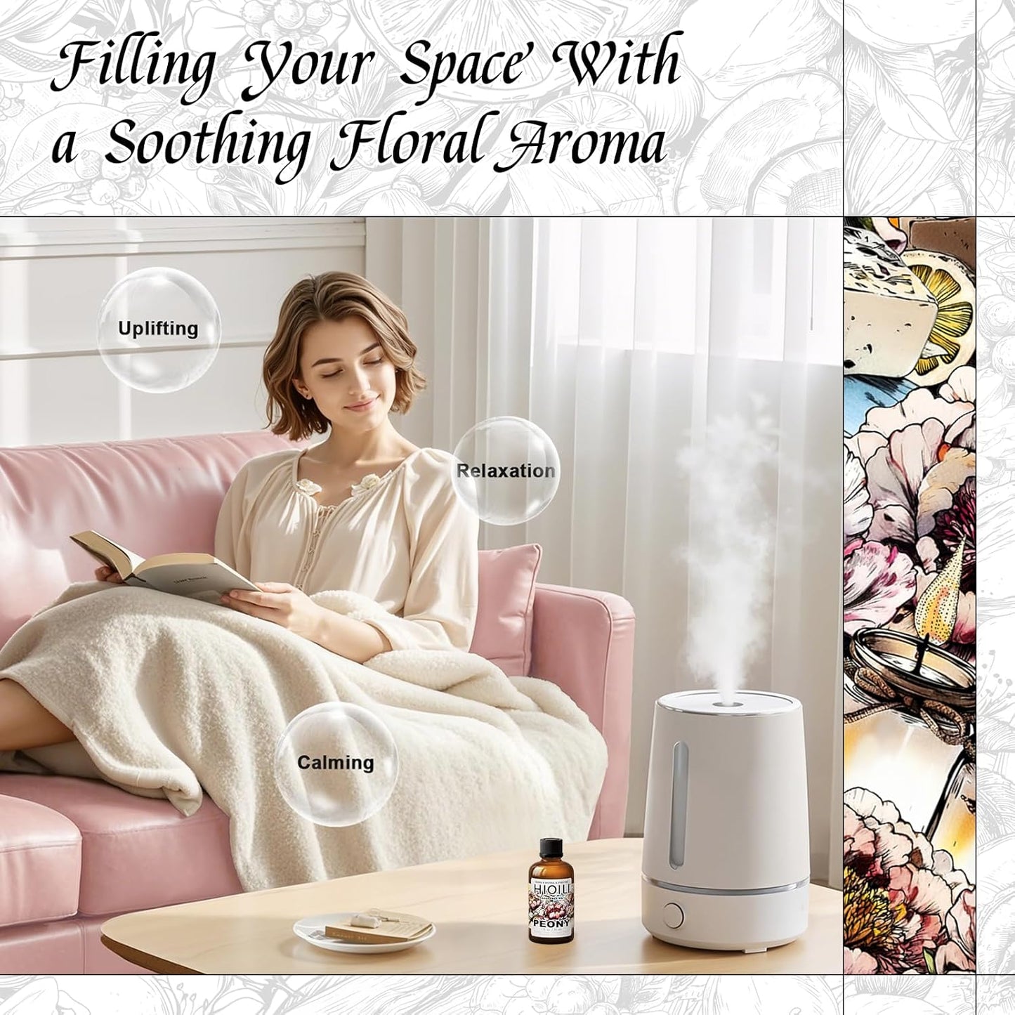 HIQILI Peony Fragrance Oil for Home Diffuser, Idea for Making Candle, Women's Perfume, Car Air Freshener, Skin & Body Care - 1 Fl Oz