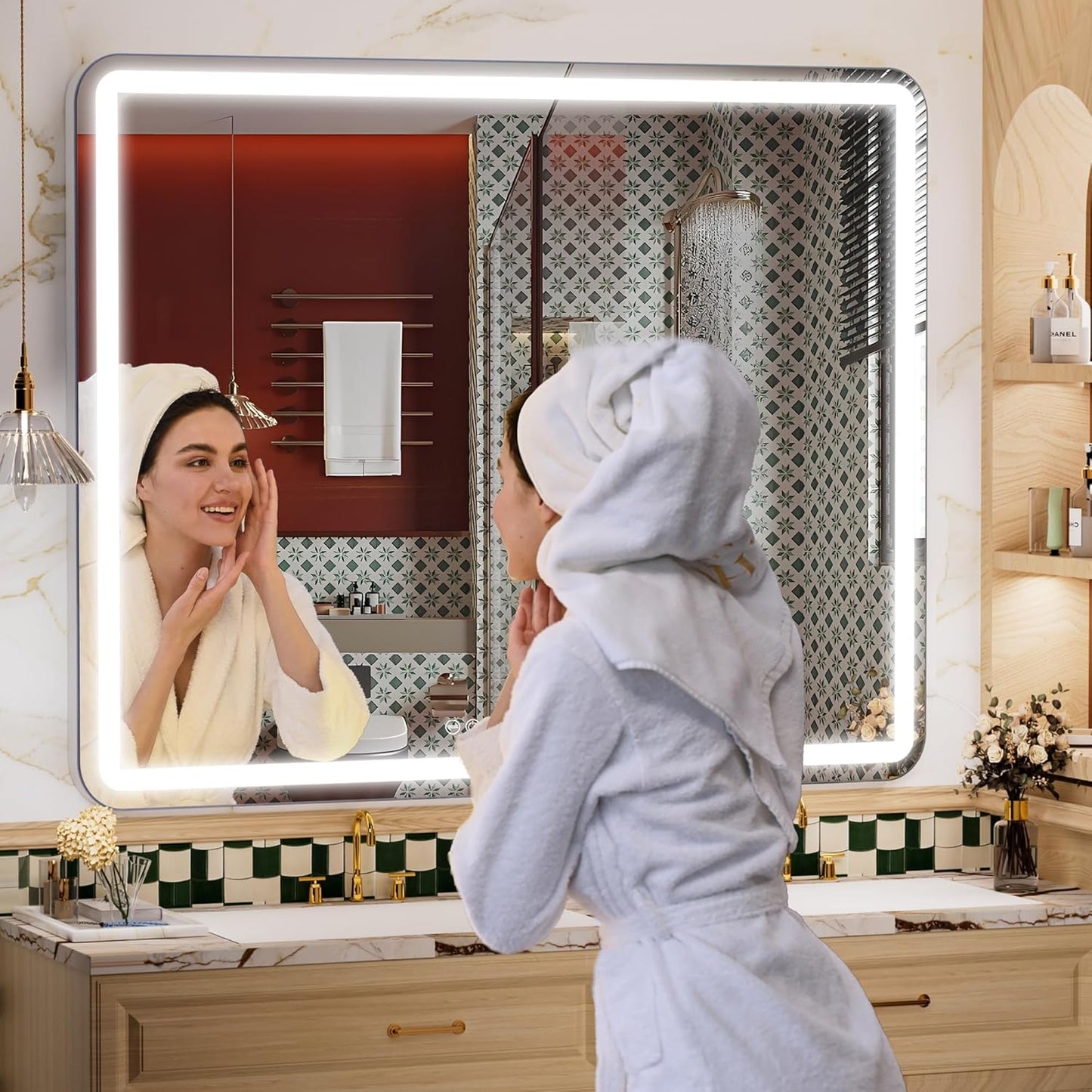 Hasipu Vanity Mirror with Lights, 39.4" x 30" LED Makeup Mirror, Lighted Makeup Mirror with Dimmable 3 Modes, Touch Screen Control Vanity Mirror Round White