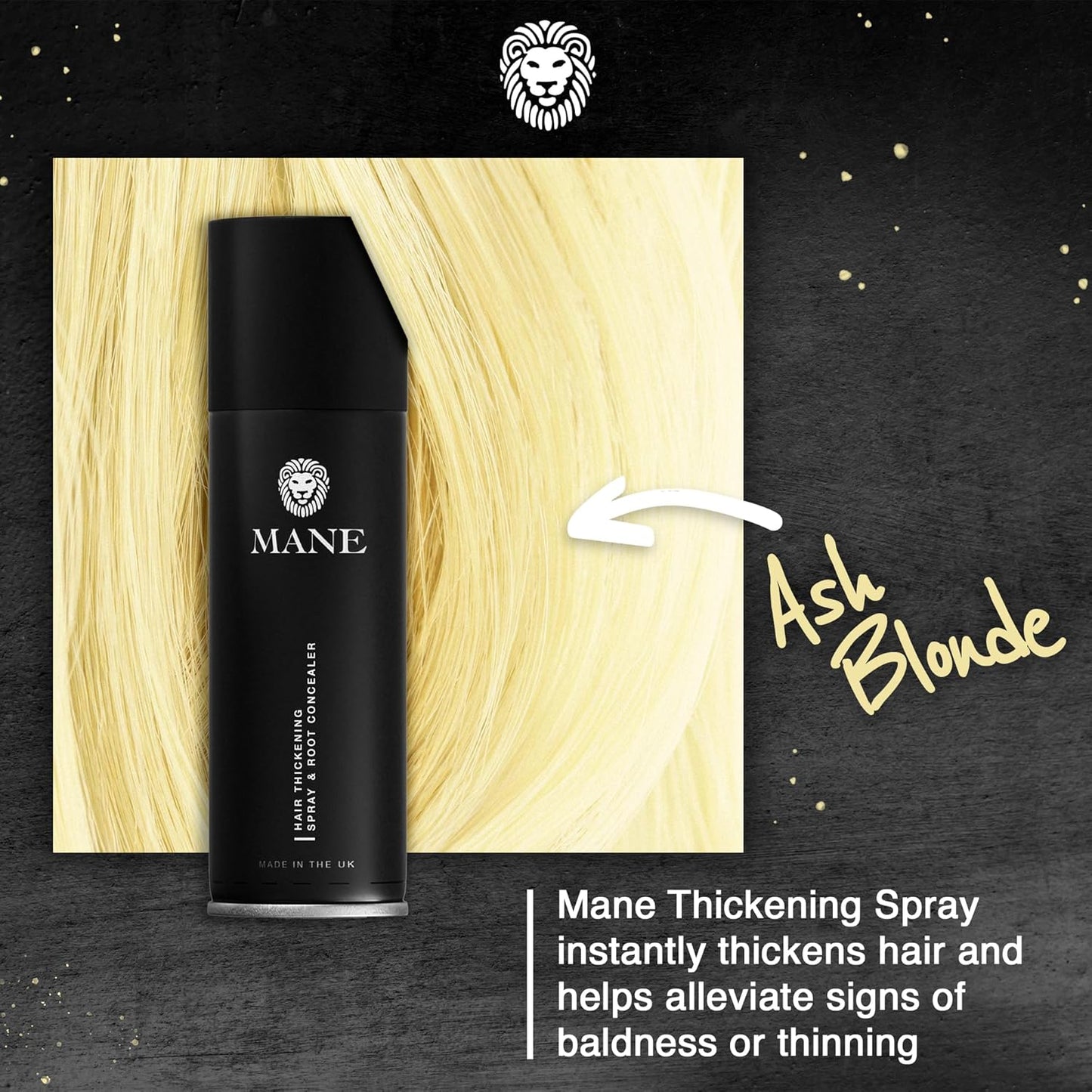 Mane Hair Thickening Spray & Root Touch Up, Instantly Thicker Hair for Men & Women, Fill in Hairlines and Hide Thinning and Fine Patches - Ash Blond, 12 Colors (6.76 oz)