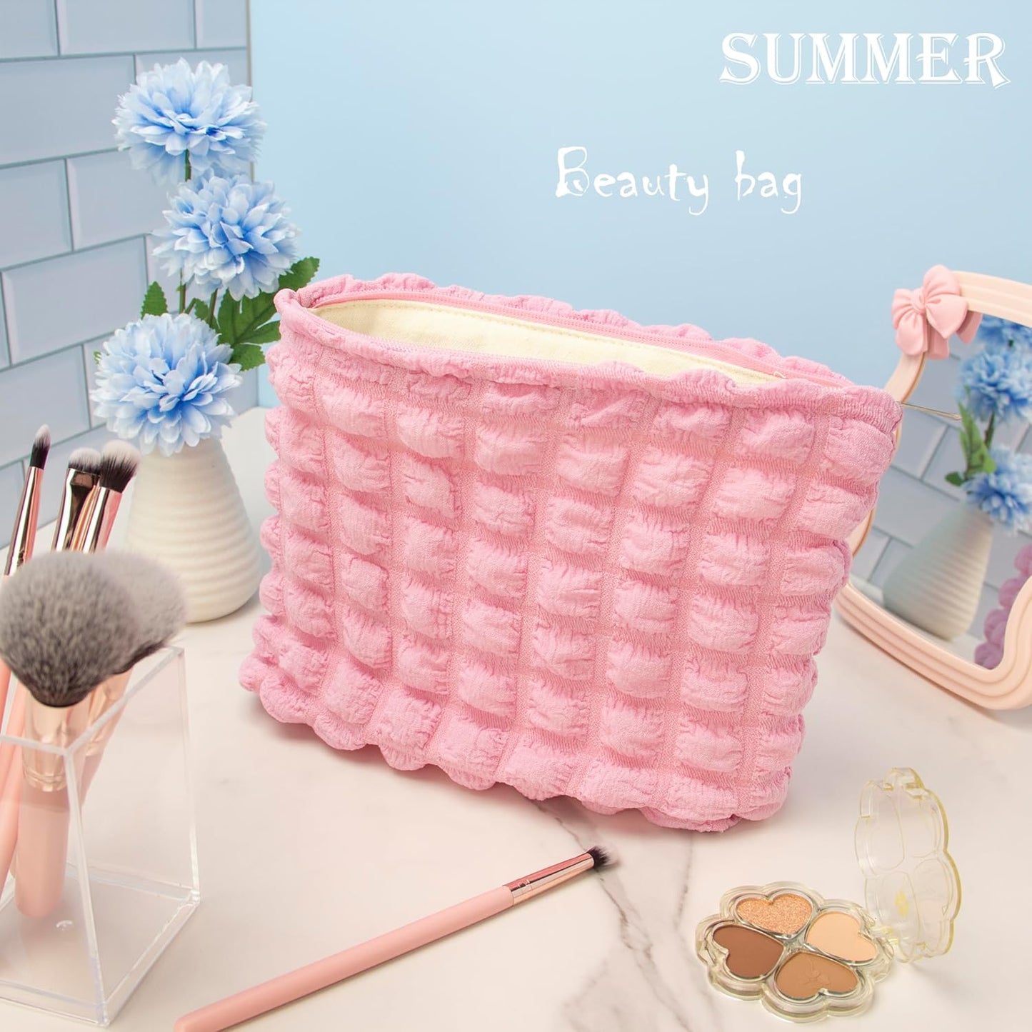Floral Makeup Bag Large Cotton Zipper Pouch for Purse Travel Canvas Make Up Organizer for Women Cosmetic,Bubble Watermelon Pink