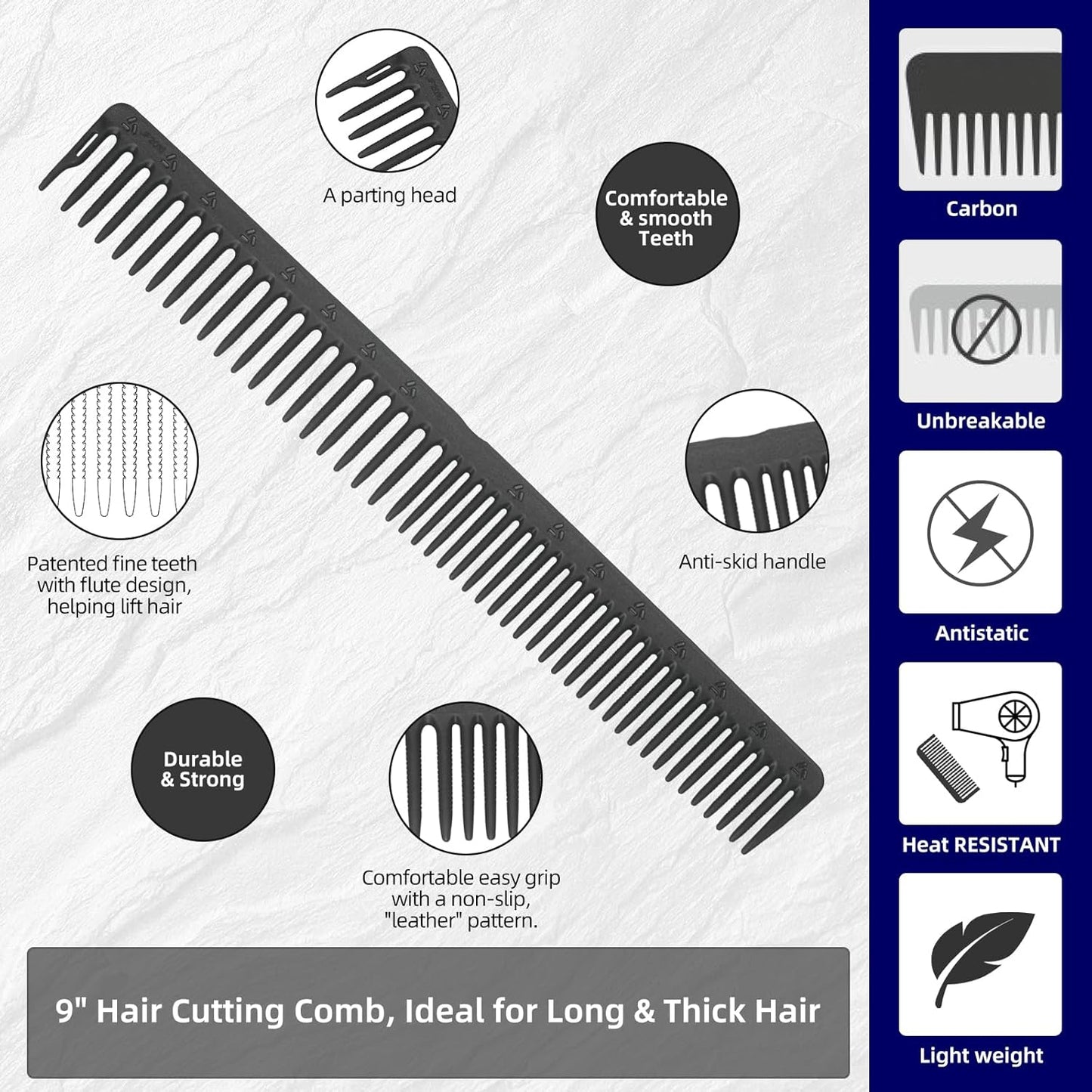 PERFEHAIR 2-Pack Professional Round Tooth Hair Cutting Comb - 9 Inch, Black Carbon Fiber Anti-Static & Heat Resistant, Durable Barber Combs with Fine & Wide Tooth for Precise Haircut for Men & Women