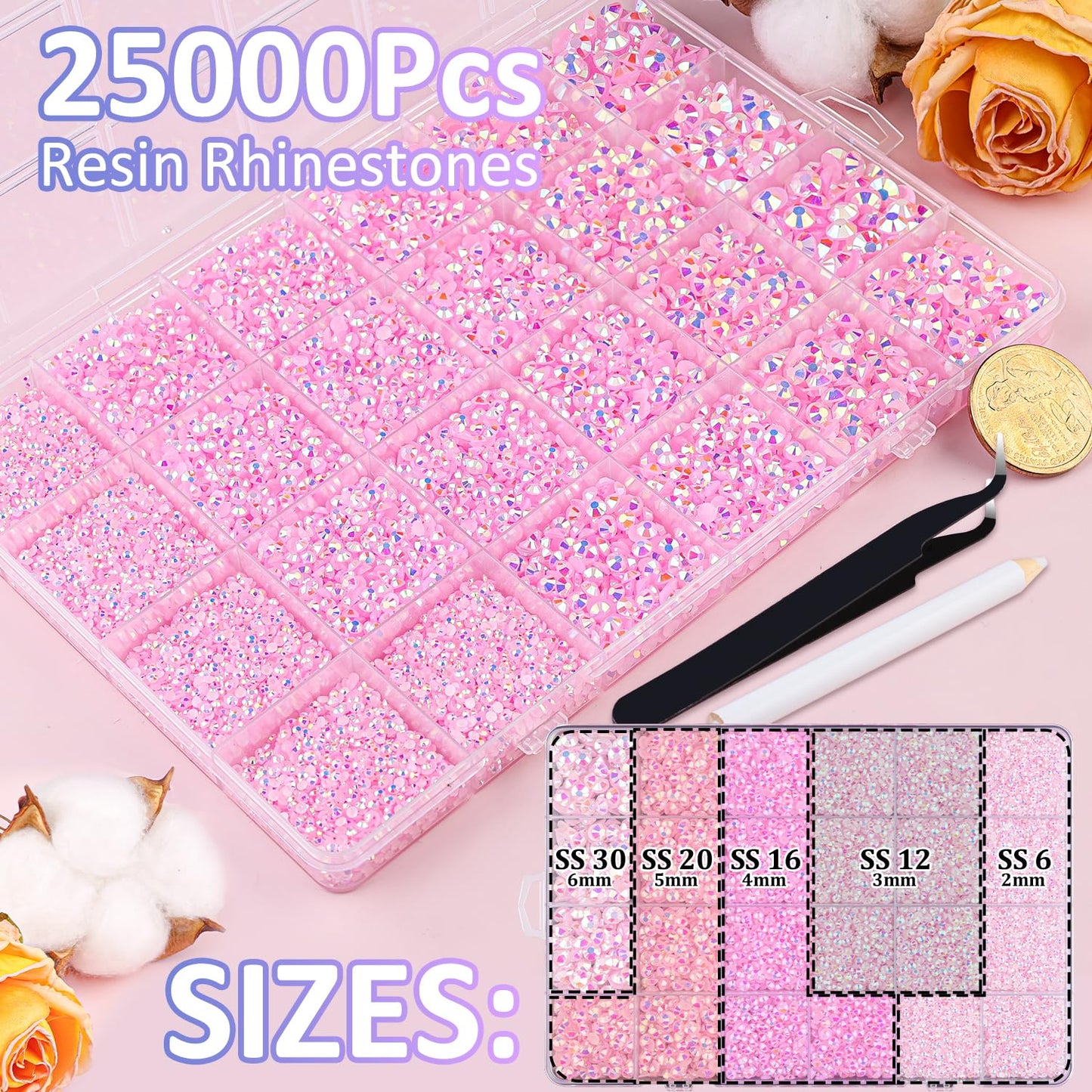 25000Pcs Resin Jelly Rhinestones for Crafting, Light Pink AB 2-6mm Mixed Sizes Non Hotfix Flatback Gems, Bedazzling Crystal for DIY Crafts Clothing Tumblers Mugs Shoes Fabric Nail Art