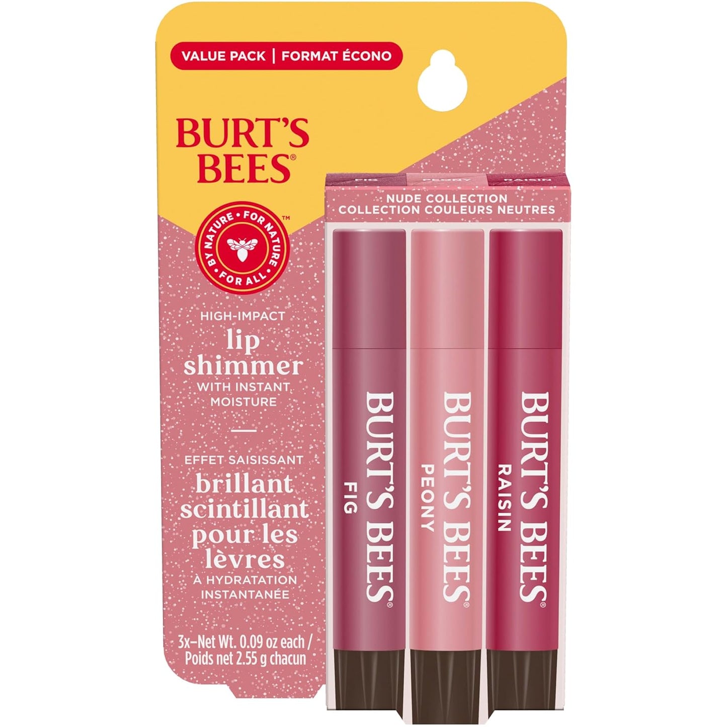 Burt's Bees Lip Shimmer Nude Collection, Tinted Lip Balm Stick, Moisturizing for All Day Hydration with Natural Glowy Pigmented Finish & Buildable Color, 3 Warm Shades; Value Pack, 3 Tubes x 0.09 Oz