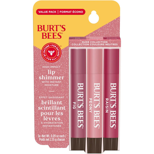 Burt's Bees Lip Shimmer Nude Collection, Tinted Lip Balm Stick, Moisturizing for All Day Hydration with Natural Glowy Pigmented Finish & Buildable Color, 3 Warm Shades; Value Pack, 3 Tubes x 0.09 Oz