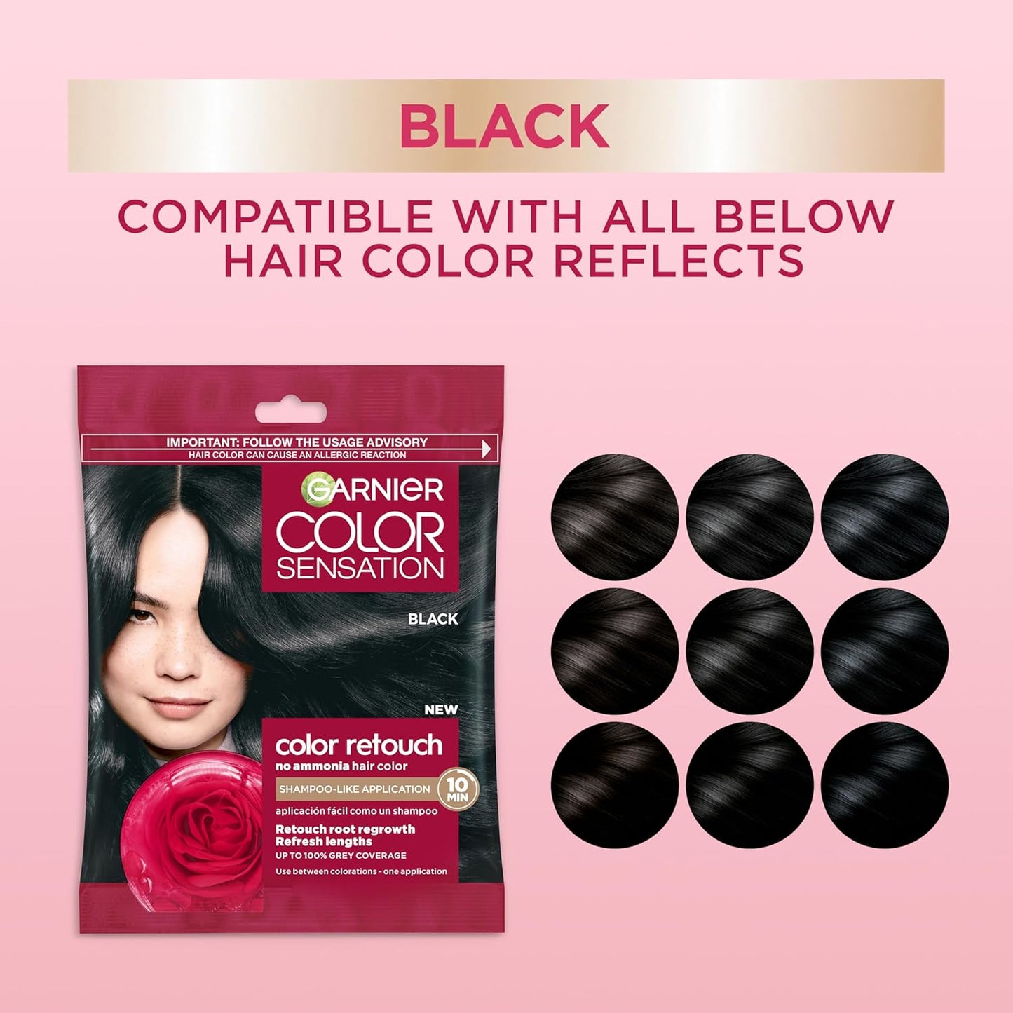 Garnier Color Sensation Color Retouch, Demi Permanent Hair Dye for Roots with 100% Gray Coverage, Black Hair Dye 1.0, Pack of 6