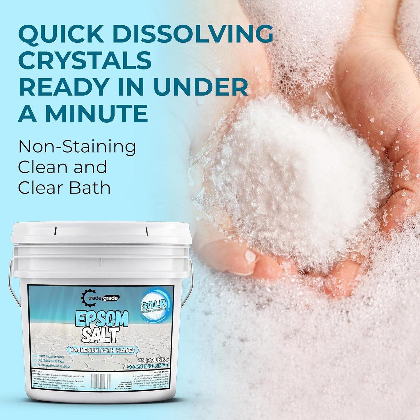Epsom Salt Bath Soak 30 lb Bucket – Unscented, Pure Epsom Salt Bulk Crystals, Magnesium Sulfate for Full Body or Foot Soaks, Resealable Container with Scoop for Home Bath Use