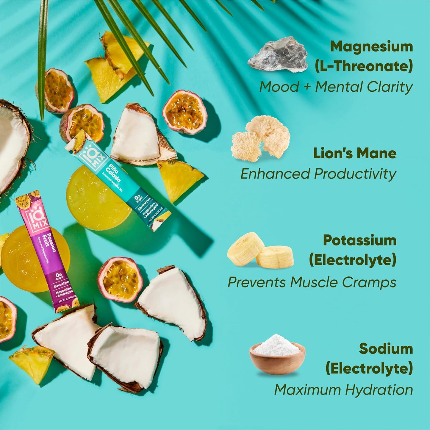 IQMIX Hydration Electrolyte Powder – 4-in-1 Formula for Hydration, Mental Clarity, Mood and Recovery – Sugar-Free Drink Mix, Keto, Magnesium L-Threonate, Lion’s Mane – 20 Count Tropical Variety Pack