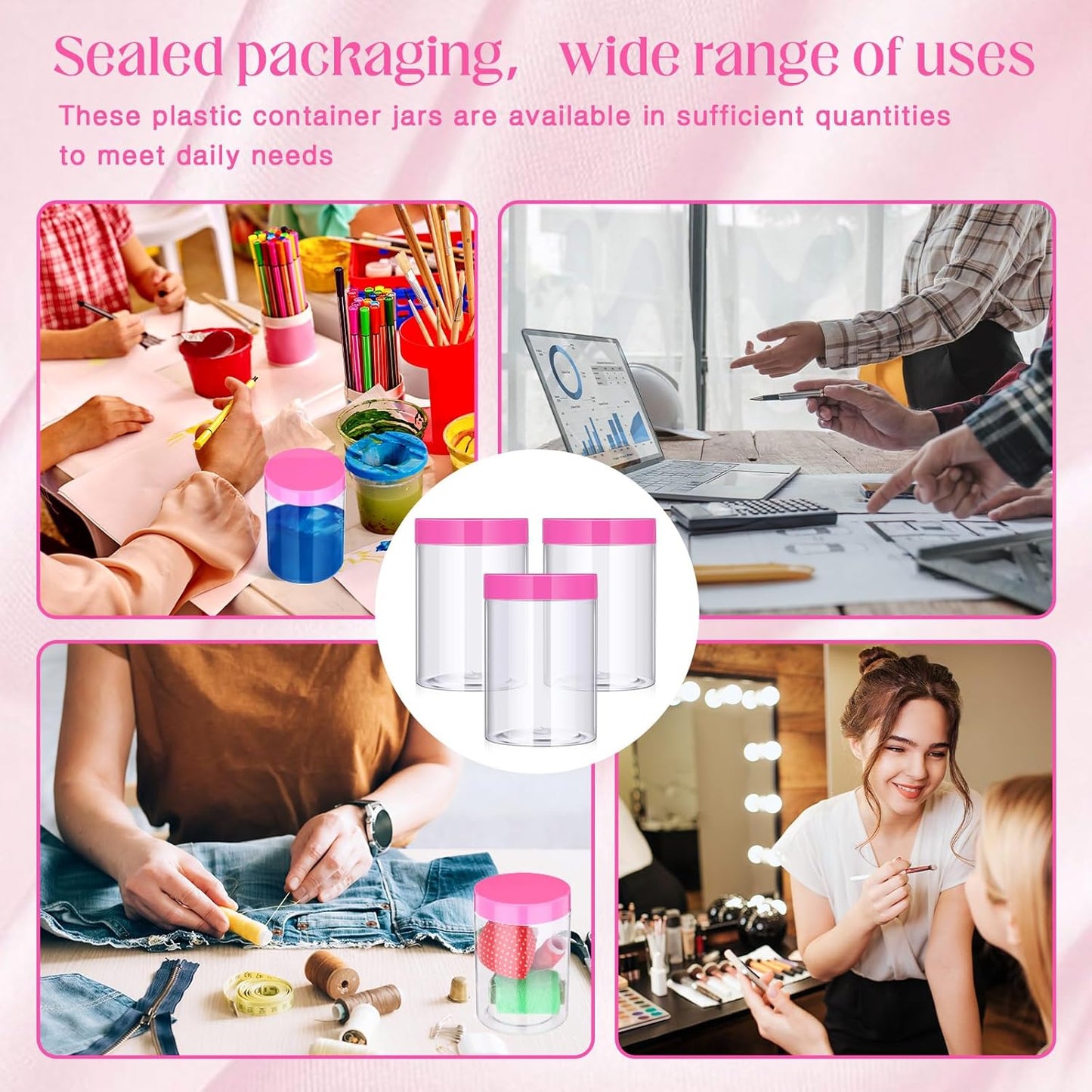 SATINIOR 100 Pcs Plastic Jars with Lids Small Containers Lids Wide Mouth Small Plastic Containers for Lotion Cream Rhinestones Body Butters Travel Storage(10 oz, Pink)