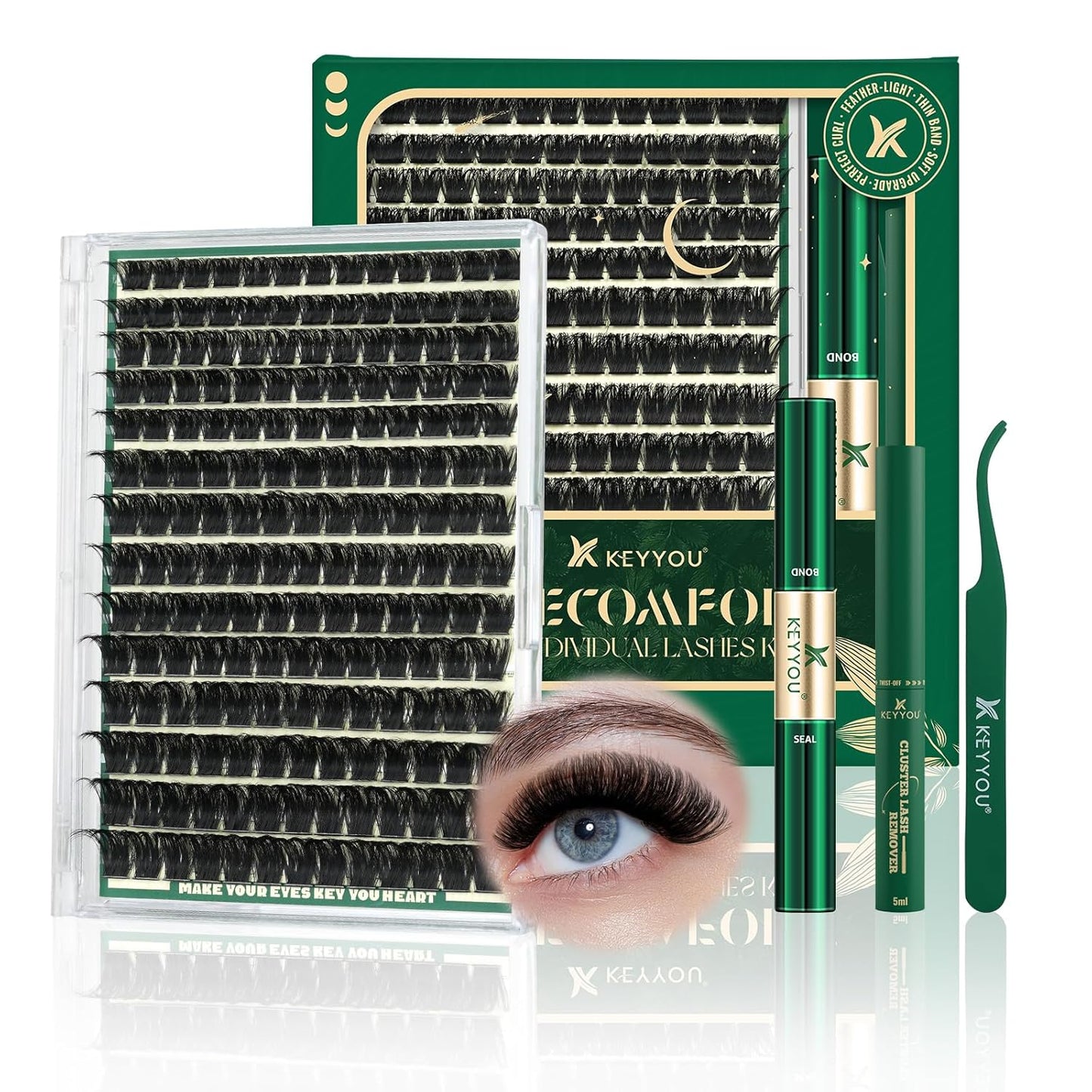 KEYYOU DIY Lash Extension Kit 182pcs Soft Lash Clusters 200D Curl Easy to Apply with Lash Bond and Seal Lash Applicator Lash Remover Eyelash Extension Kit at Home(RMkit-200D-D-10-18mix)