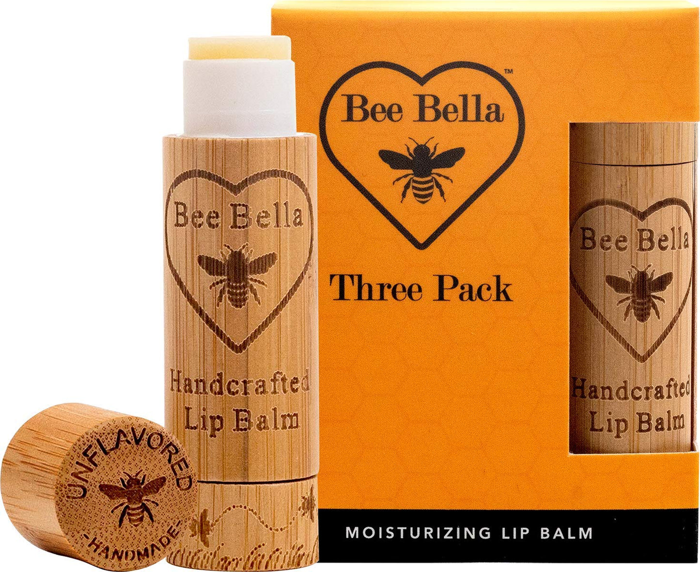 Bee Bella Lip Balm, Unscented (Unflavored), 3 Pack - Moisturizing Lip Care, 100% Natural, Original Organic Beeswax with Vitamin E, Handmade in USA