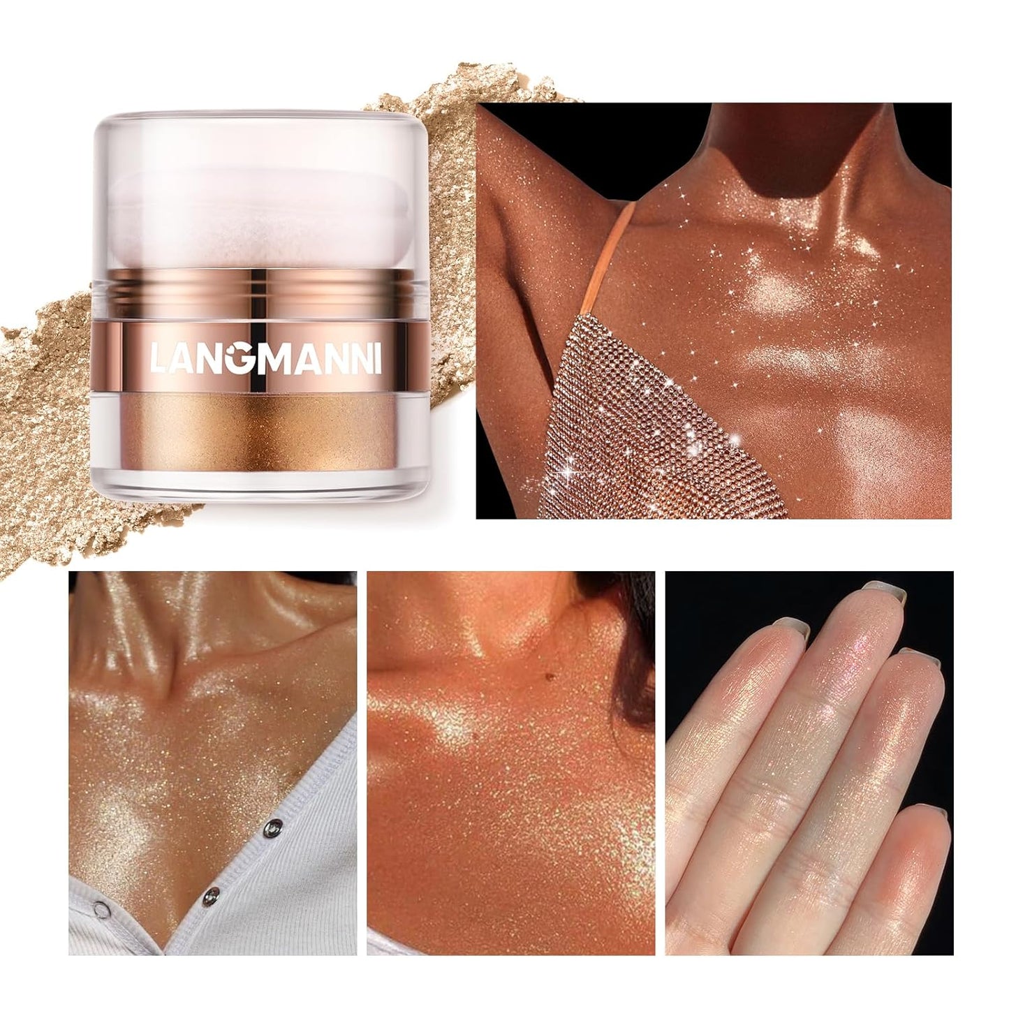 Glitter Body Highlighter Powder Body Shimmer Sparkle Face Brightening Highlighter Powder for Face Eyes Body Glow Makeup With sponge head（silvery）