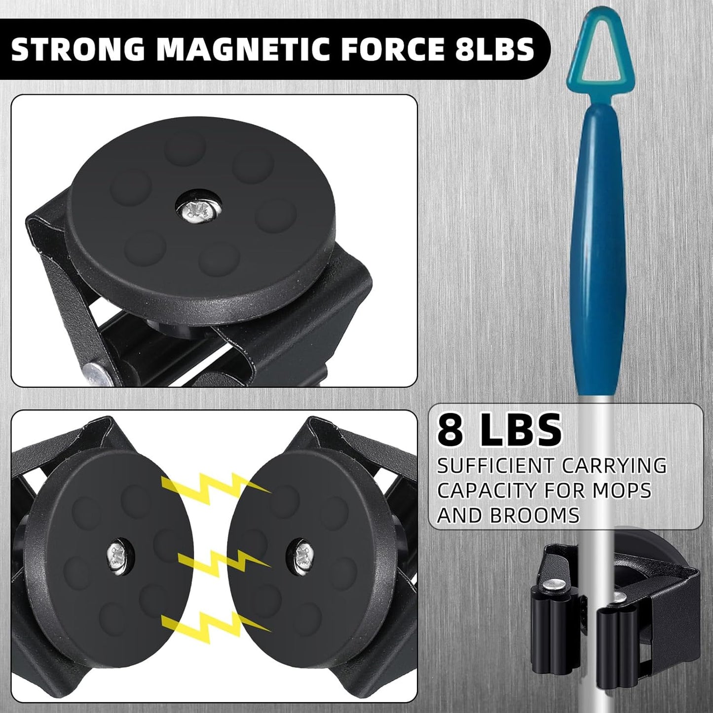 2 Pcs Magnetic Mop Broom Holder Movable Magnetic Broom Holder Rack, Anti Slip Wall Mounted Utility for Cleaning Tools, Garage, Kitchen, Laundry, Garden (Black)