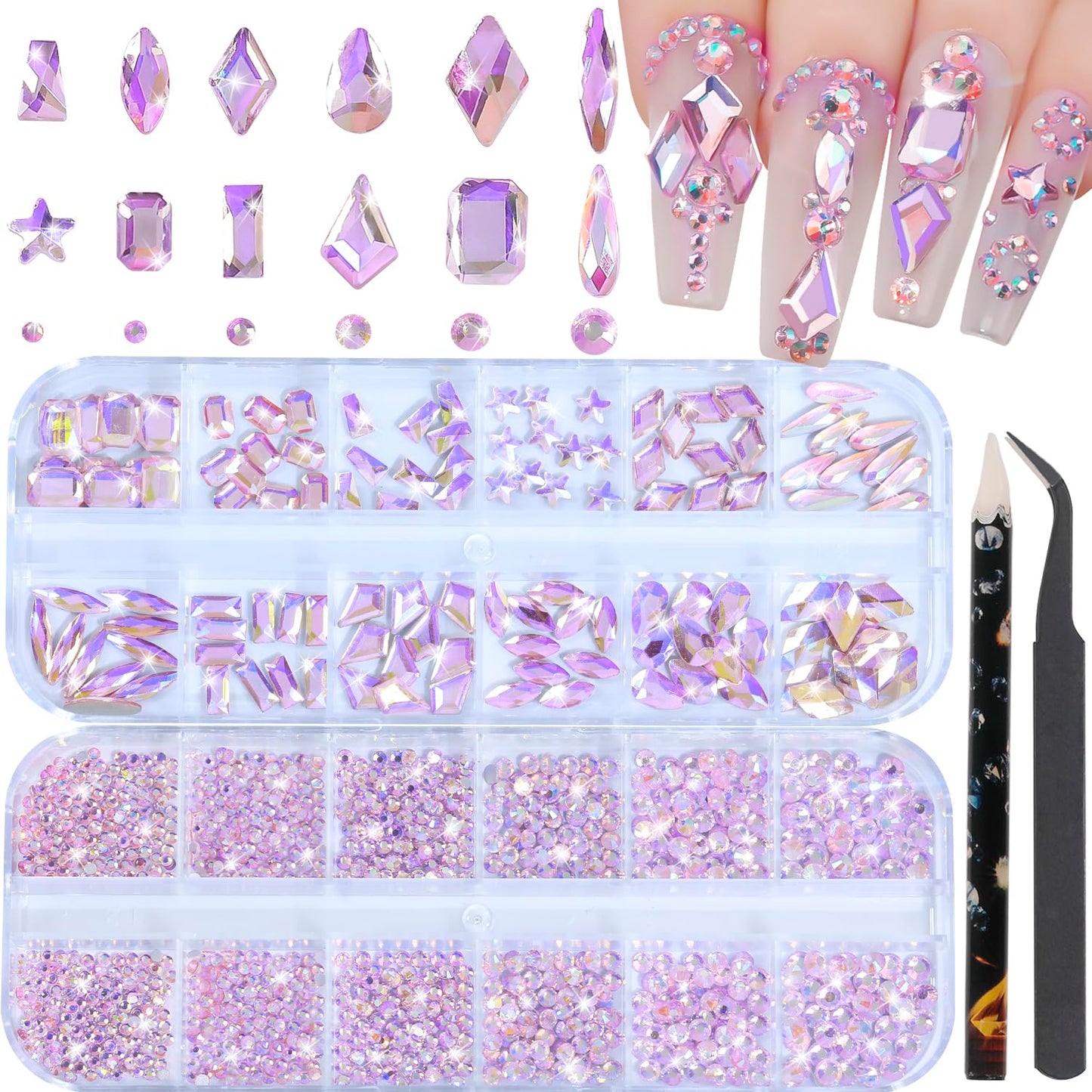 HNUIX Nail Rhinestones - 1600pcs 3D Multi Shape Size Crystal, Pink AB Nail Gems, Flat Back, with Kit, for Nail Art, DIY Decorations