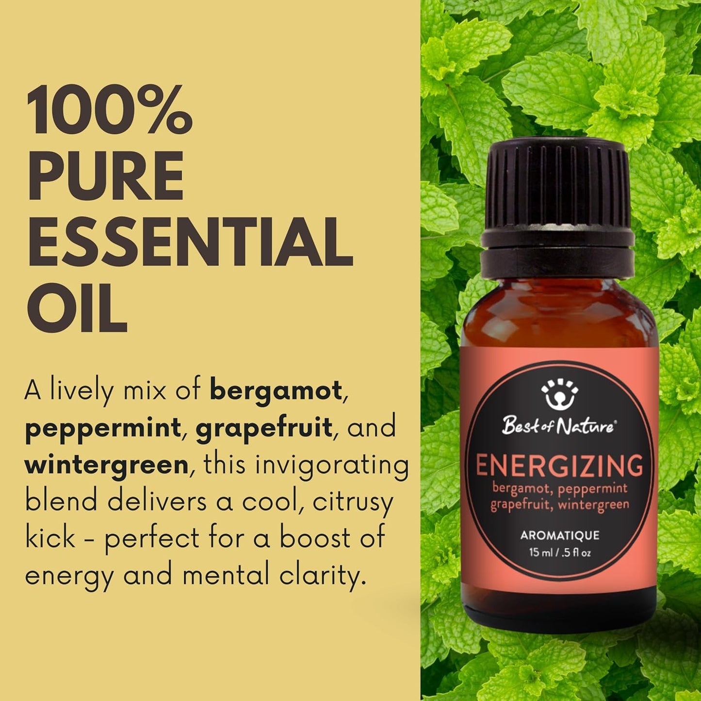 Energizing Essential Oil Blend – Peppermint, Bergamot, Grapefruit & Wintergreen – 100% Pure for Diffuser, Focus, and Daily Boost – Uplifting Aromatherapy