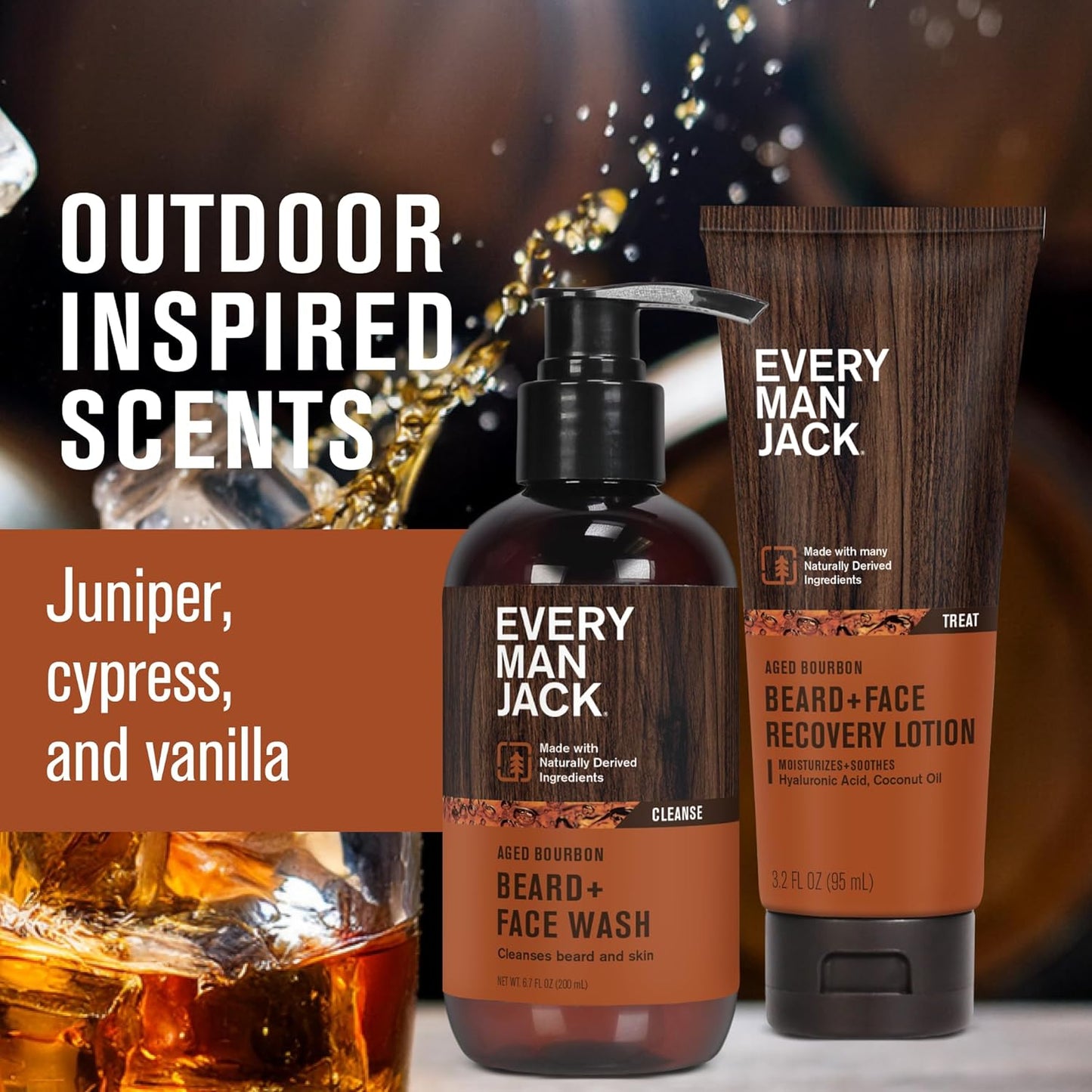 Every Man Jack Men's Beard + Face Wash & Lotion Set - Subtle Aged Bourbon Scent - Naturally Cleanse and Condition Your Beard & Skin