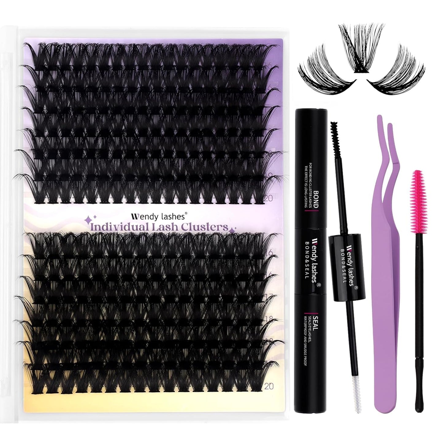 Lash Clusters Kit for Using at Home: Ultra-light, DIY, Natural, Fluffy, Wispy, Waterproof, Anime, Manga, Cat Eye, C Curl, 16-20mm, 60P+80P, Wendy, RT318