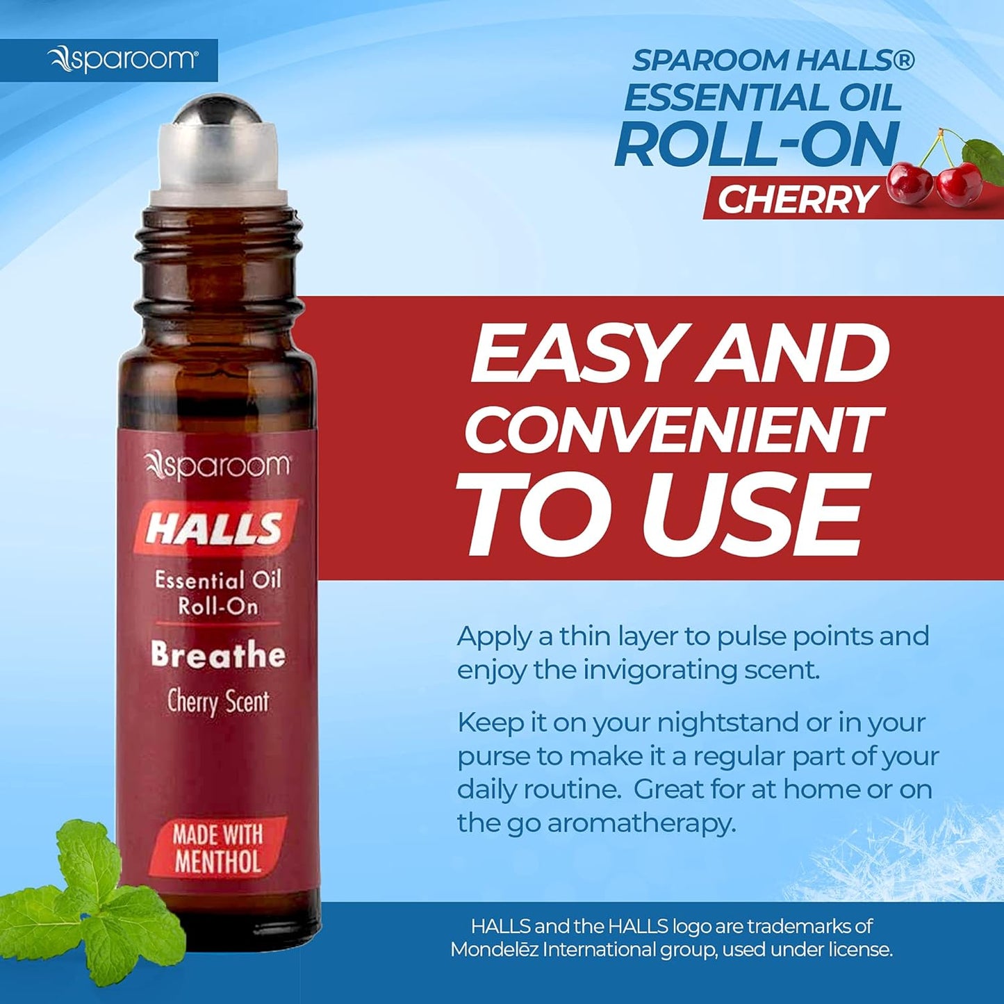 Halls Breathe Essential Oil Roll On Cherry – Menthol-Infused Aromatherapy Blend for Focus and Tension, Travel-Friendly Relaxation Support with Natural Botanical Oils, 10mL Precision Applicator