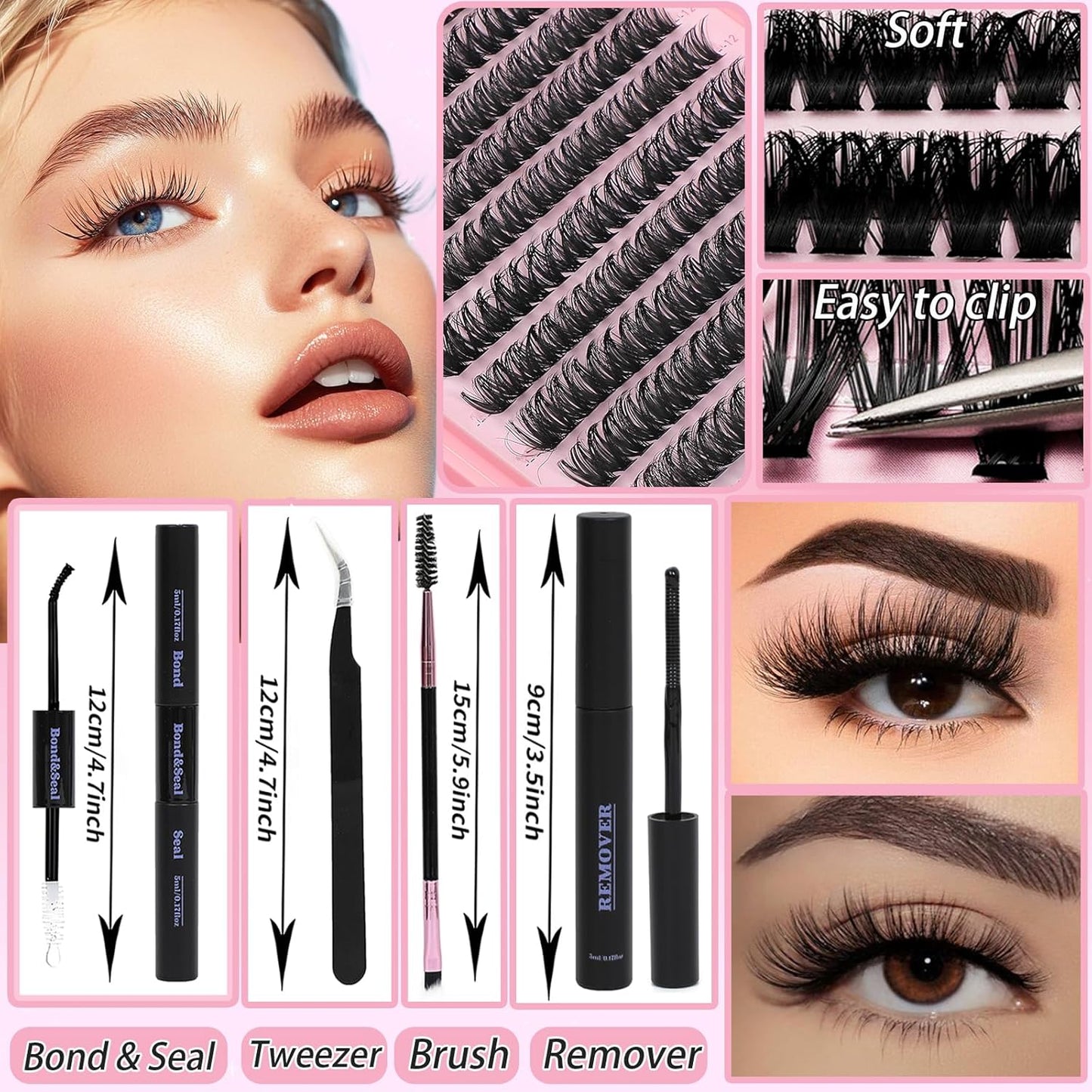 Lash Clusters Kit, Eyelash Clusters Individual Lash Extension Kit 480 Pcs D Curl Flufffy Wispy False Eyelashes Extensions Thin Band with Bond Seal Tweezers Brush Remover (40D+50D Kit 9-16mm)
