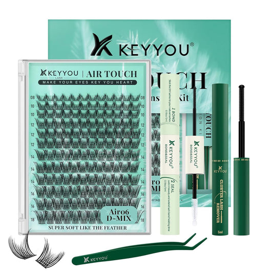 KEYYOU Lash Extension Kit 144pcs Air Touch Lash Clusters with Bond and Seal Lash Applicator Remover D Curl DIY Eyelash Extension Kit Easy to Apply at Home(Air06Kit-D-8-18Mix)