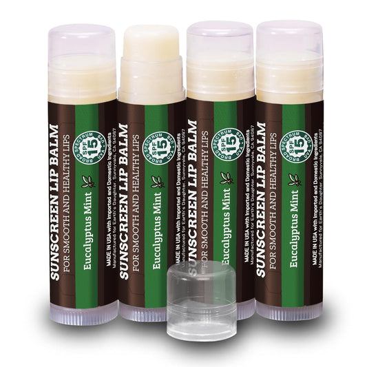 Earth's Daughter SPF Lip Balm Eucalyptus Mint 4-Pack - Lip Sunscreen, SPF 15, Organic Ingredients, Beeswax, Coconut Oil, Vitamin E - Hypoallergenic, Gluten Free