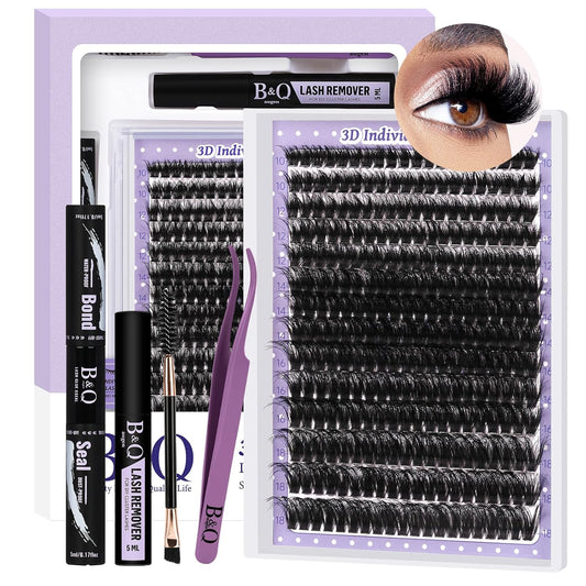 B&Qaugen B&Q Lash Extension Kit 3D Thick Lash Clusters Kit 280pcs Eyelash Extension Kit 10-18mm 90D D Curl DIY Lash Extension Kit with Lash Bond and Seal, Lash Remover (KIT-90D-MIX10-18mm), Black