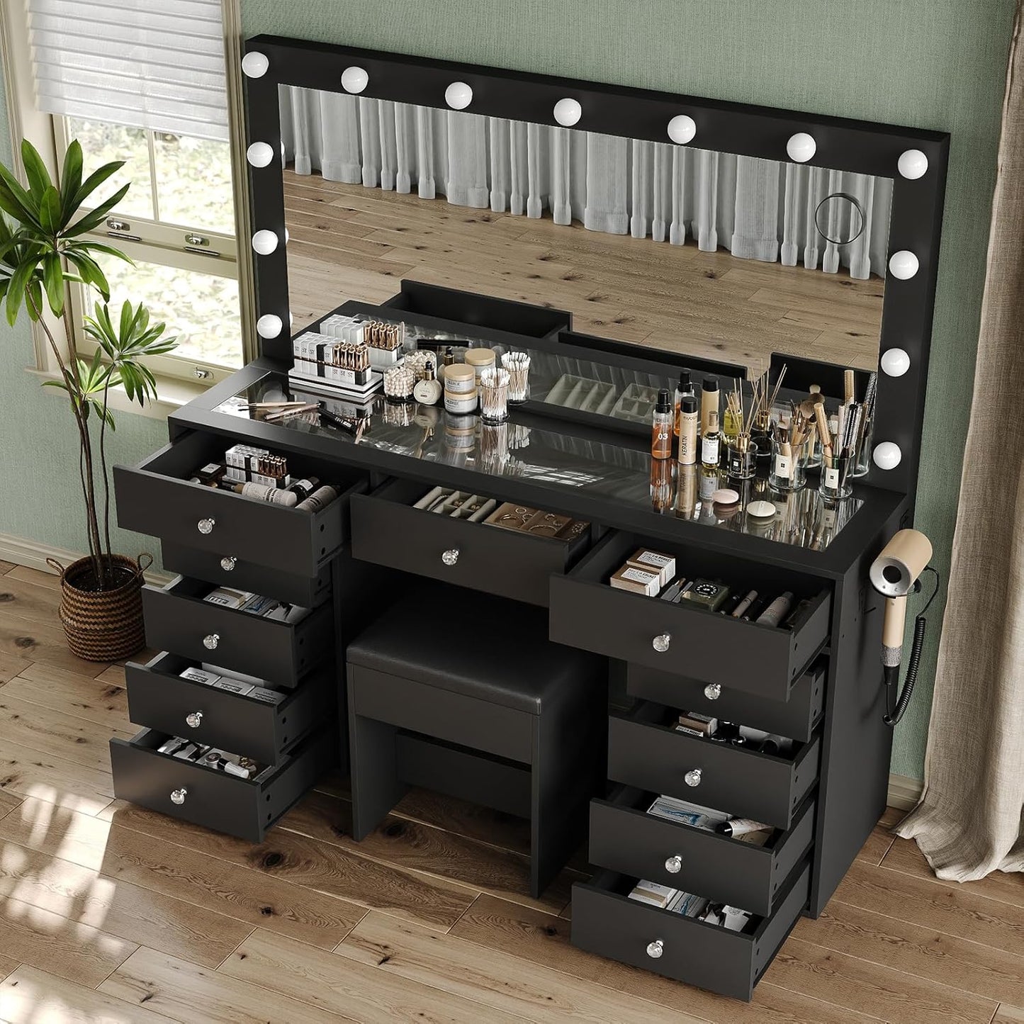 11 Drawers Makeup Vanity with Charging Station, Vanity Desk with 13 LED Bulbs and HD Mirror, 3 Color Brightness Adjustable, Glass Top Vanity Set for Bedroom, Black