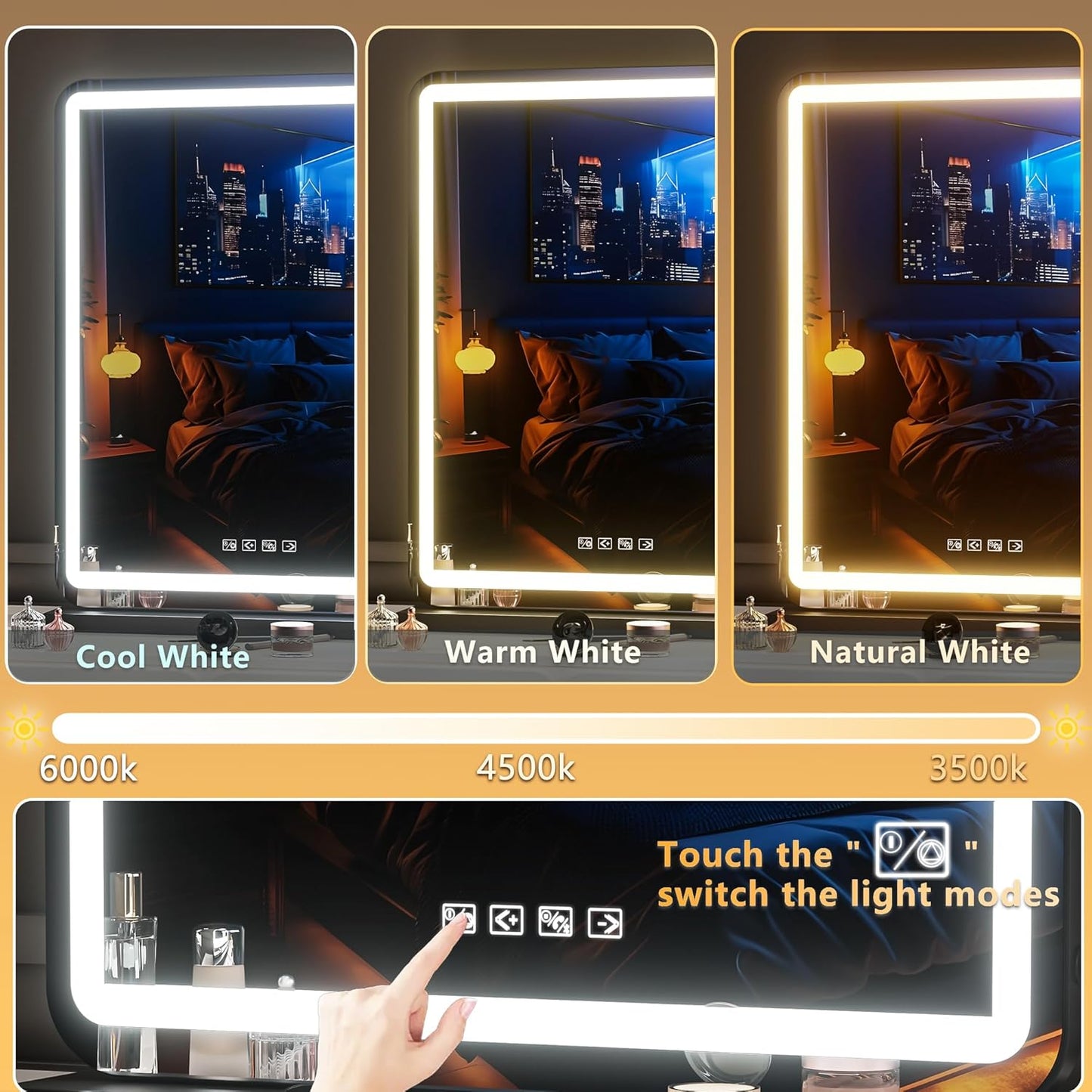 Hasipu Vanity Mirror with Lights and Bluetooth Speaker, 32" x 21.7" LED Makeup Mirror, Lighted Makeup Mirror with Dimmable 3 Modes, USB Charging Port, Round Black