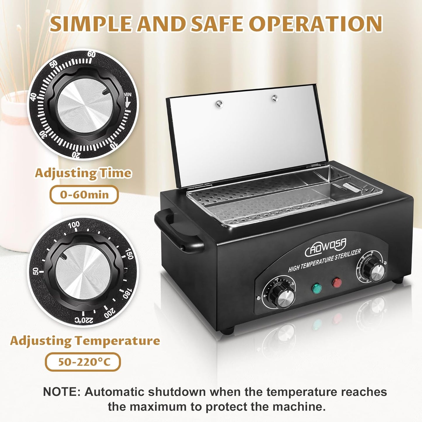 High Temperature Metal Tool Cleaning Box, 2L Dry Heat Cabinet Beauty Hair Nail Metal Tool Cleaning for Manicure Pedicure Barber, with 0-60 Min Timer & 50-220℃ Temp Settings, Plastic Sterilization Tray