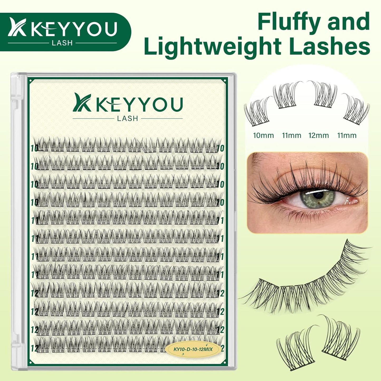 KEYYOULASH Lash Clusters Manga Lash Extension D Curl 144pcs 10-12mm Wispy Eyelash Clusters Natural Volume Eyelash Extensions Individual Lashes DIY at Home(KY10,D-10-12MIX)