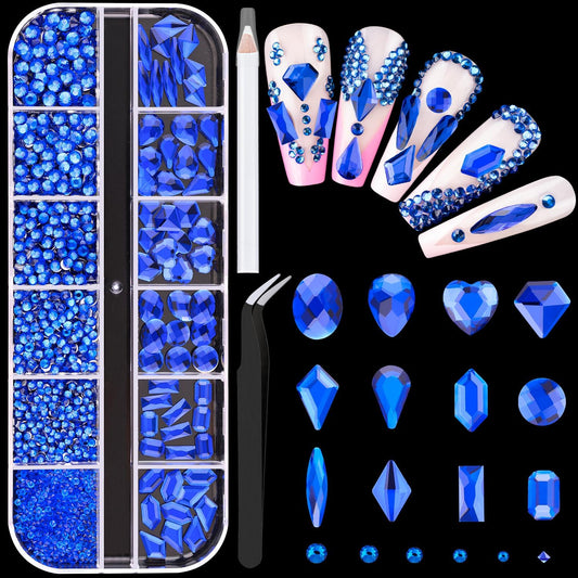 2060Pcs Royal Blue Glass Nail Rhinestones 60Pcs Multi Shapes Flatback Nail Gems + 2000Pcs 1.5-4mm Round Crystal, Manicure Nail Charms Diamond Gemstones for Acrylic Nails Decoration