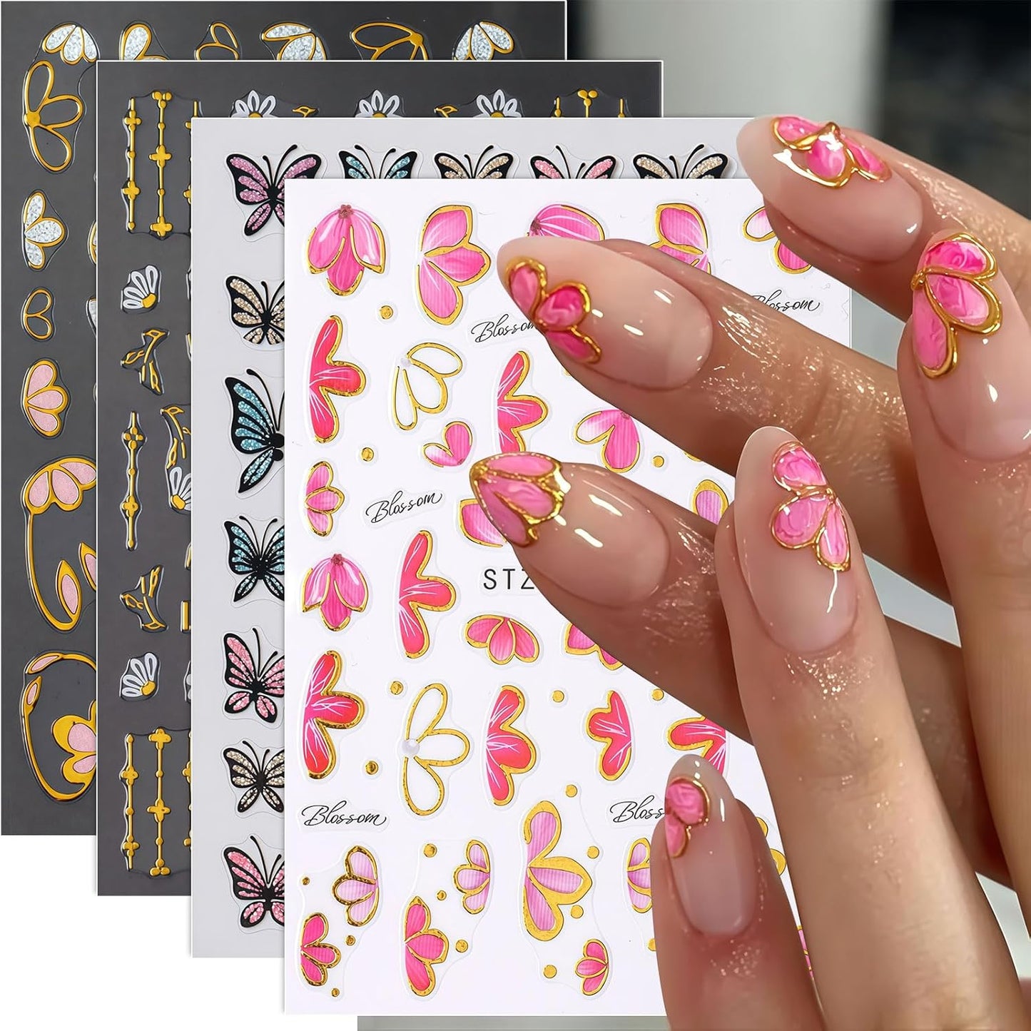 Flower Nail Art Stickers Decals, 4 Sheets 3D Self-Adhesive Flower Butterfly Nail Decals Nail Art Supplies Designs Decorations Accessories for Women Girls