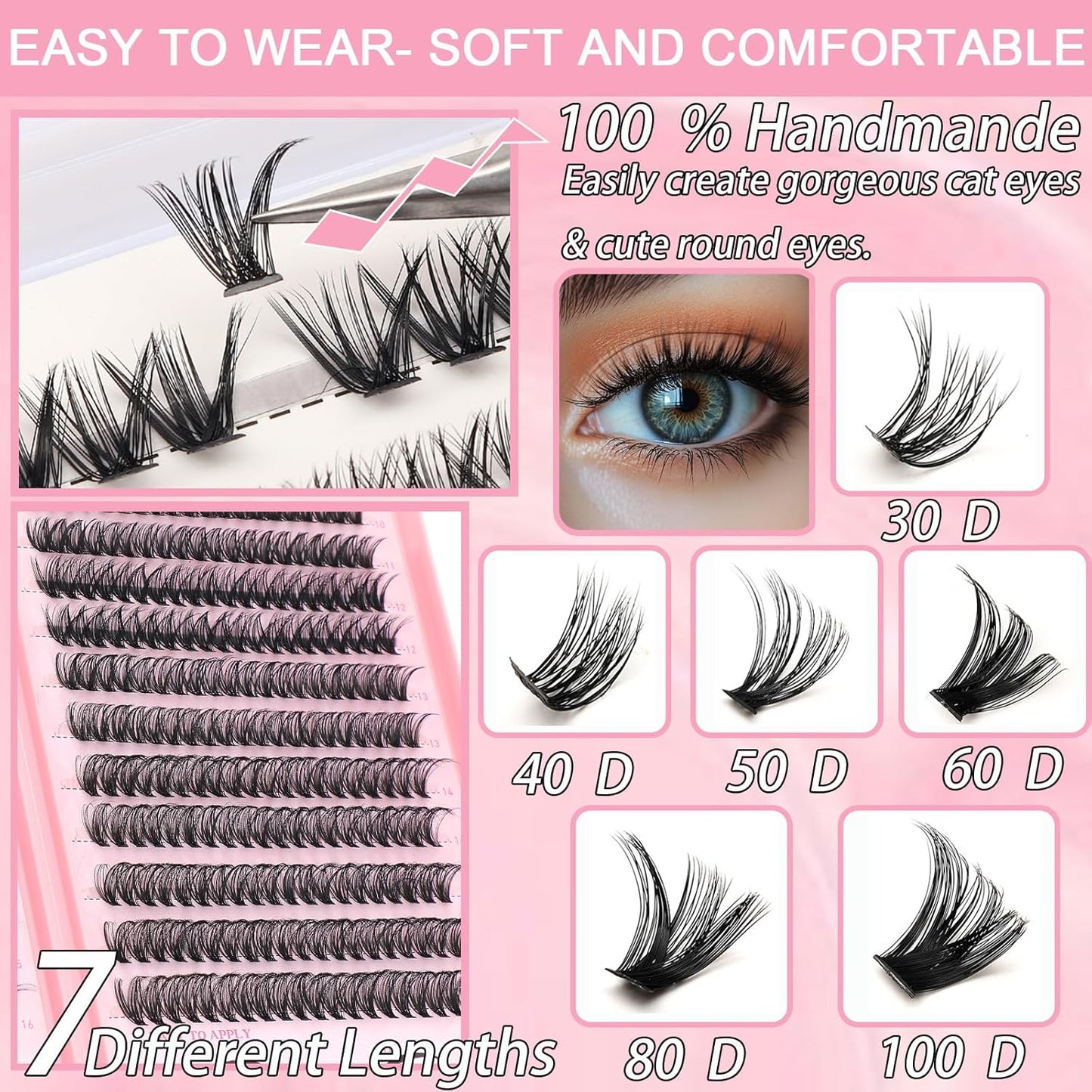 Lash Clusters Kit, Eyelash Clusters Individual Lash Extension Kit 480 Pcs D Curl Fluffy Wispy False Eyelashes Extensions Thin Band with Bond Seal Tweezers Brush Remover (80D+100D Kit 9-16mm)