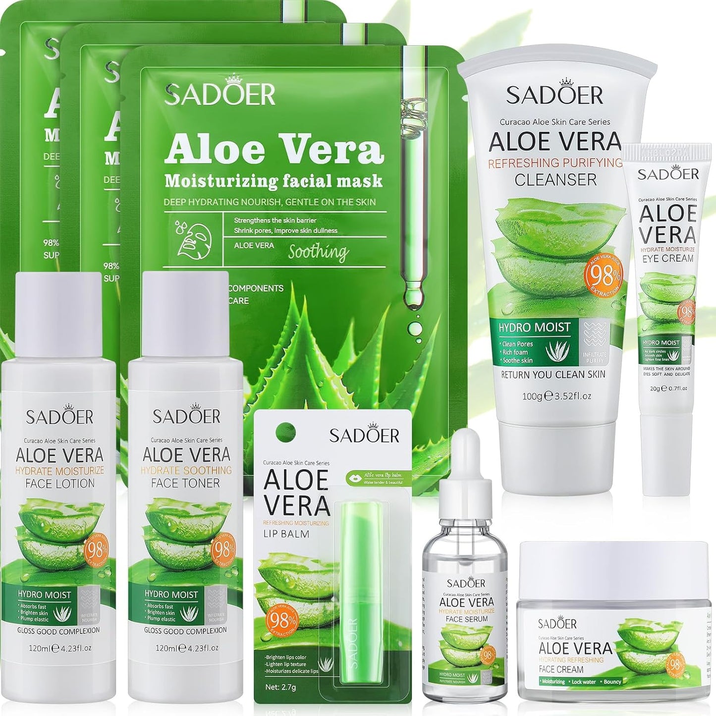 10 Pcs Skin Care Sets Face Care Set for Women Includes 1 Pcs Cleanser, Toner, Lotion, Eye Cream, Serum, Face Cream, Lip Balm and 3 Facial Masks Skincare Gift for Girls (Aloe Vera)