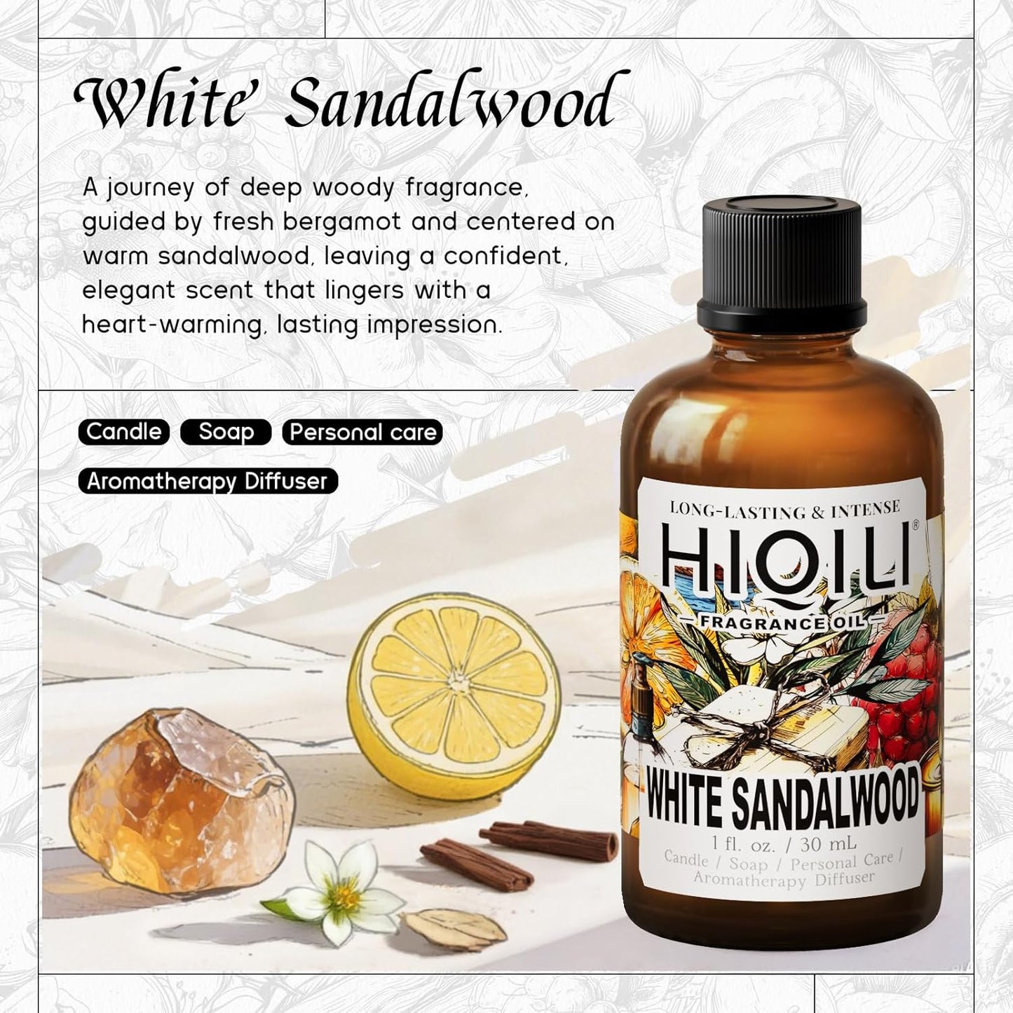HIQILI White Sandalwood Fragrance Oil for Making Candle, Scented Home Decor, Room Spray, Skin & Body, Essential Oil Diffuser - 1 Fl Oz