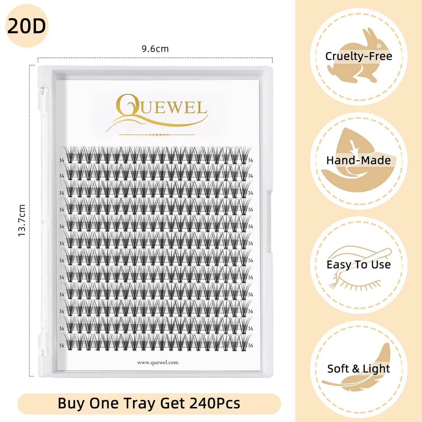 QUEWEL Cluster Lashes 240Pcs Individual Lashes 20D 0.07D Curl 14mm Knot-Free Lash Extensions Clusters Lashes Soft&Natural False Eyelashes Individual DIY Eyelash Extension at Home(20D 0.07D 14)