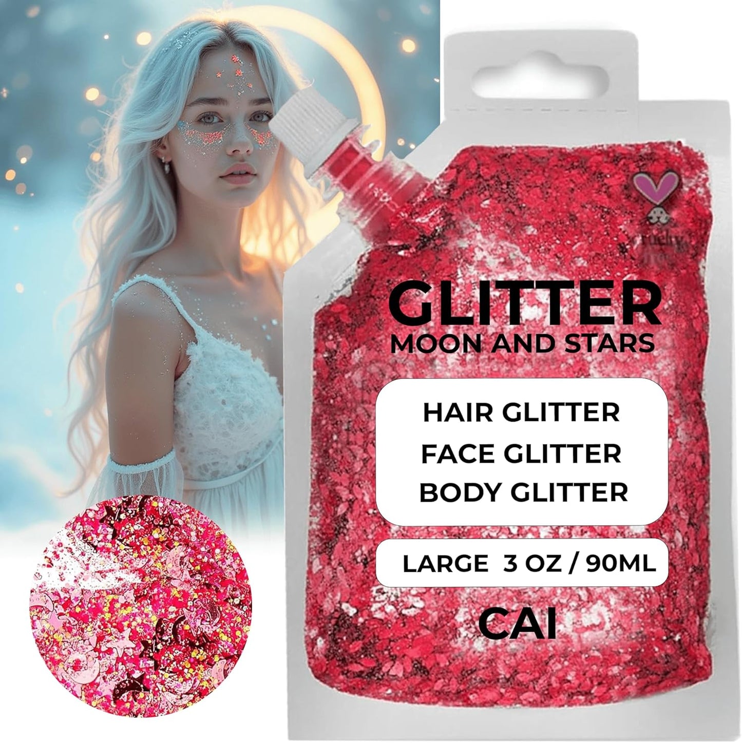 Face, Body & Hair Glitter Gel – Halloween Glitter for Kids and Women – 3 Oz Cosmetic-Grade Gel w/Moon & Stars for Festivals & Halloween Party, Easy Apply & Wash Off - Red/Silver 2Pack