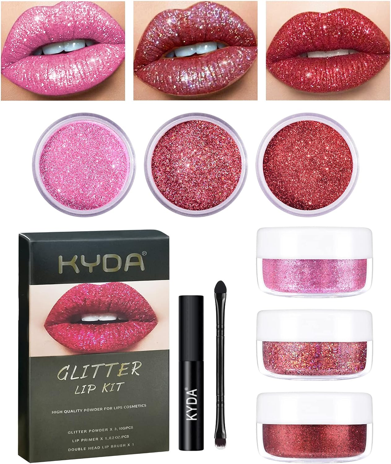 3 Colors Glitter Lip Kit, Diamond and Glitter Metallic Lip Powder with Lip Primer, Waterproof Long Lasting & Smudge Proof, Shimmer Sparkly Glitter Lip Cosmetic without Sticky Flake Off Set A