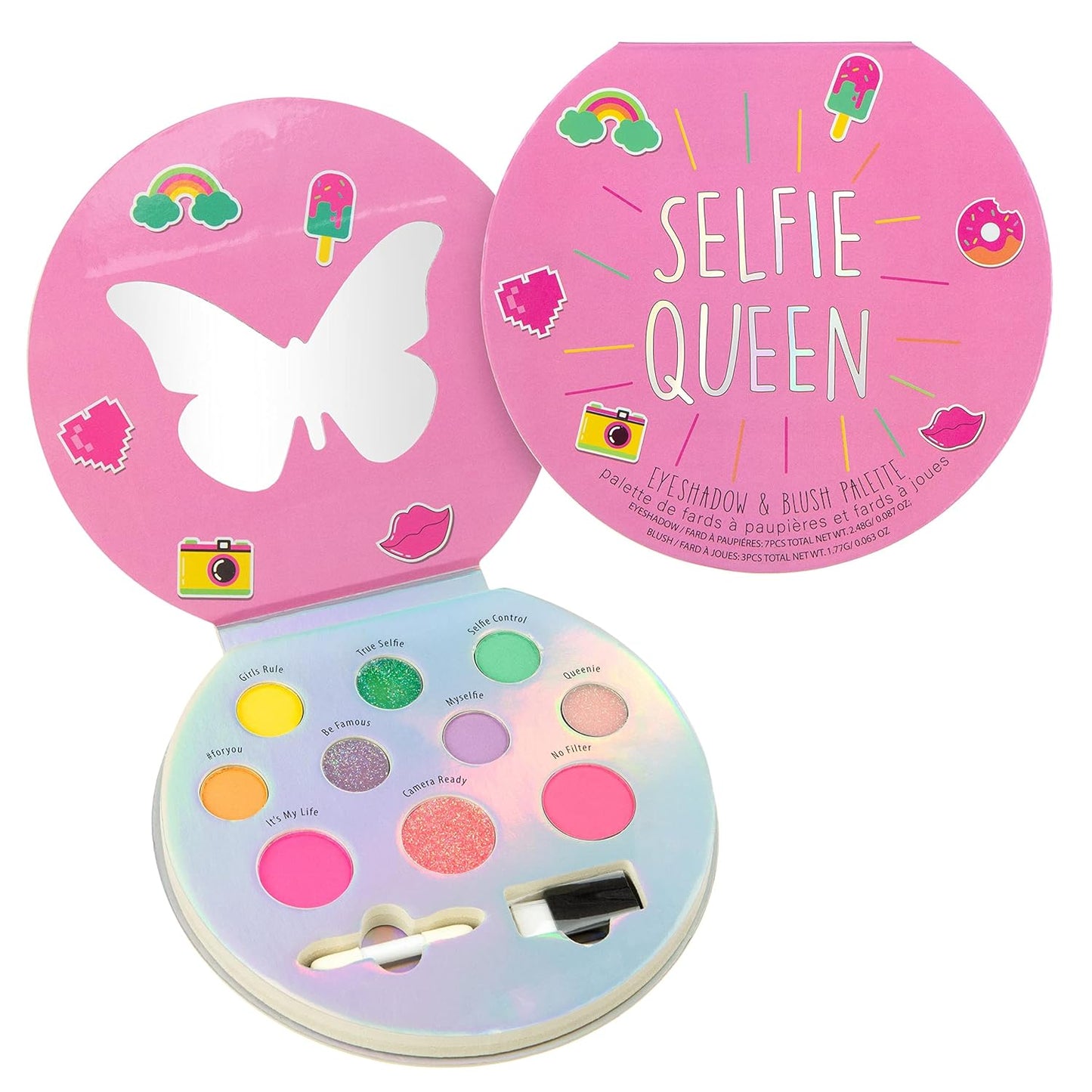 Expressions Selfie Queen Glisten & Glitter Makeup Palette 10 Color Eyeshadow Palette & Blush Makeup Novelty Beauty Set, Fold Out Compact with Mirror, Cute Makeup Kit Gifts - Washable, Non-Toxic