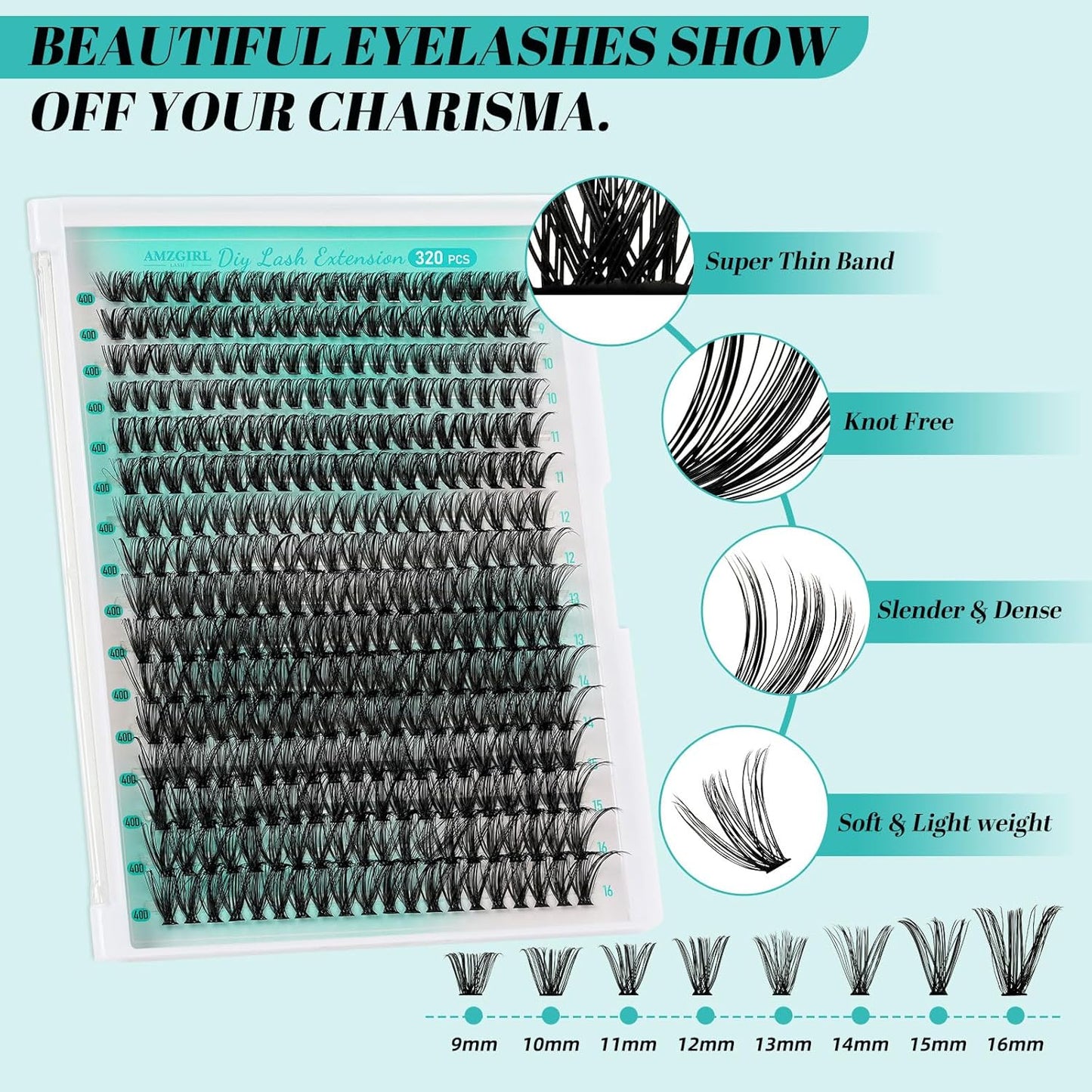 Lash Clusters Kit 320Pcs,40D Eyelash Extension Kit,Lash Bond and Seal Waterproof,Lash Remover for Individual Cluster Lashes Kit,Lash Applicator Tool for DIY Lash Extension Kit(D-Mix9-16mm Kit)