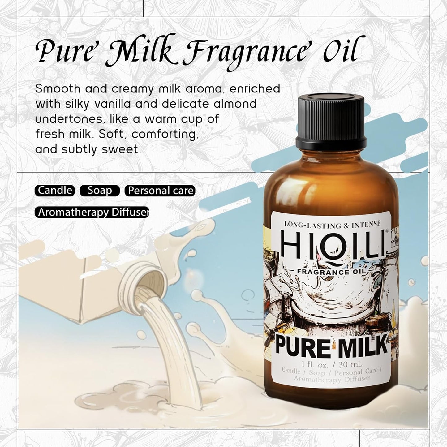 HIQILI Pure Milk Fragrance Oil for Home Diffuser, Ideal for Making Soap, Candles, Sugar Scrub, Skin & Body, Pet Safe - 1 Fl Oz
