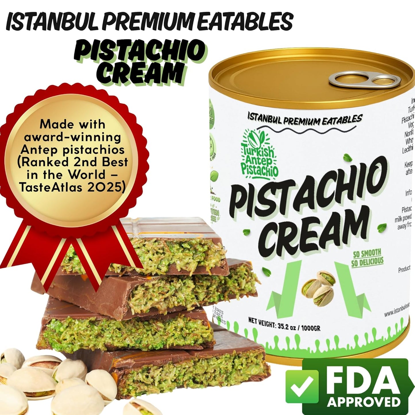 Istanbul Premium Pistachio Cream, Pistachios for Dubai Chocolate Bar, Cream for Dessert, Kataifi & Knafeh, Crema de Pistacho Pistachio Cream, Non-GMO, 2.2 lb (1kg)