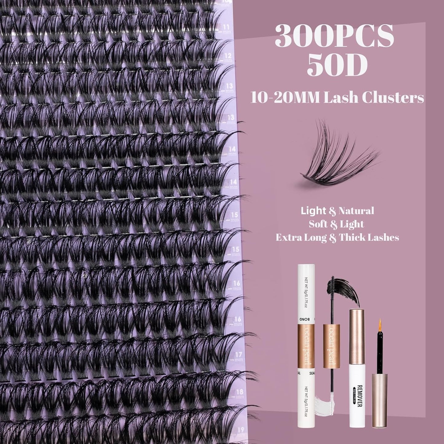 Ocean Pearl Lash Clusters 10-20mm 50D 300PCS Eyelash Extension Kit DIY Lash Extension Kit Natural Lashes Clusters D Curl Individual Lashes Soft Eyelashes with Lash Bond+Seal+Remover+Tweezer-50D