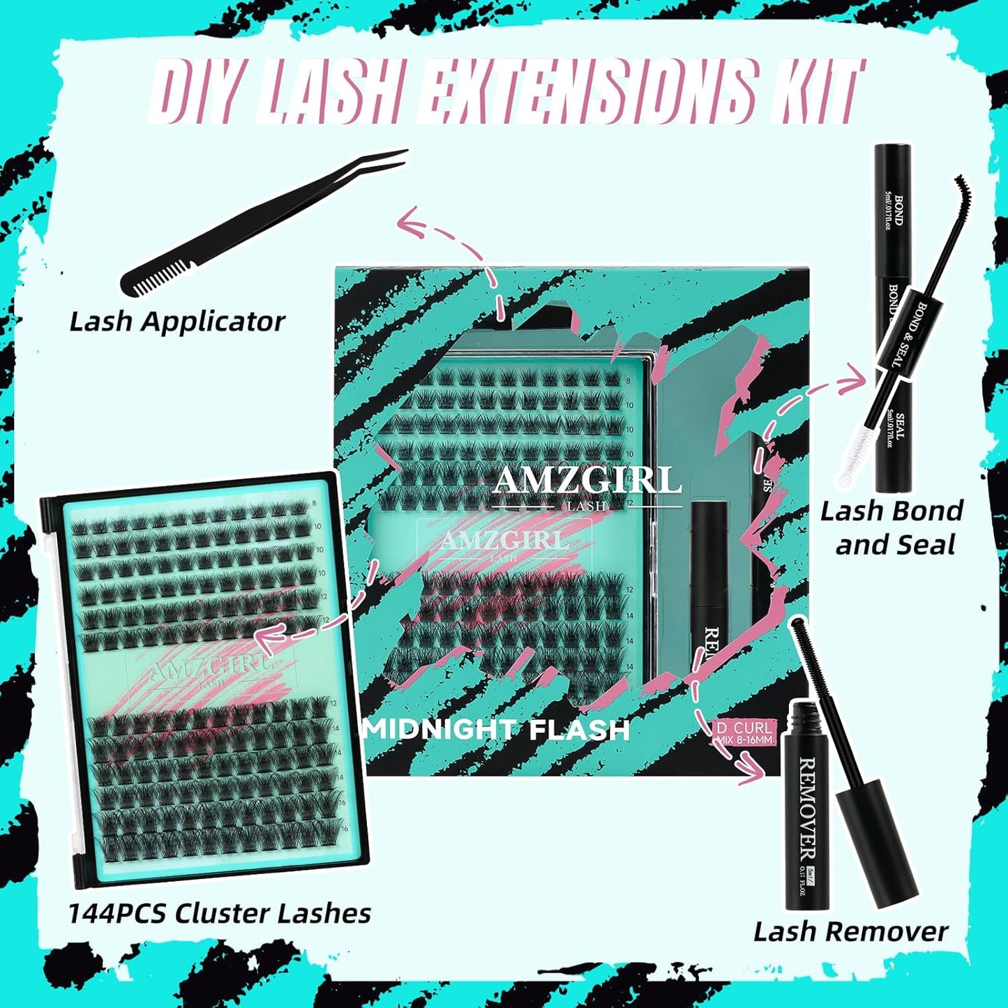 Lash Clusters Kit,144Pcs Eyelash Extension Kit Midnight with Lash Bond and Seal,Lashes Extensions Kit Lash Applicator Tool for Eyelashes Cluster Kit by AMZGlRL(D-Mix8-16mm Kit)