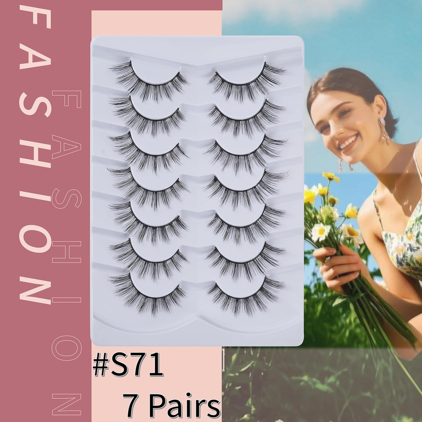 viiviiRose'e Faux Eyelashes, Black Superfine Cotton Band, Soft Full Lashes, Set of 7 Pairs,White (S71)