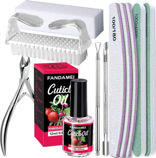 FANDAMEI Nail Files and Buffers, Nail Care Kit with Cuticle Nipper, Pusher, Peeler. Nail File, Nail Buffer Block. Cuticle Oil Pomegranate for Cuticle Remover