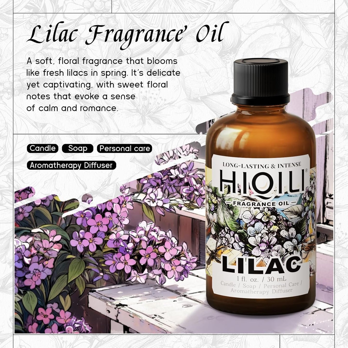 HIQILI Lilac Fragrance Oil for DIY Perfume, Candle & Soap Making, Soft Floral Scents for Essential Oils Diffuser - 1 Fl Oz