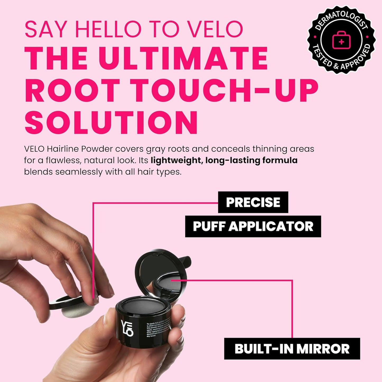 VELO Hairline Powder–GRAY Hair Root Touch Up Powder for Women & Men–Instantly Covers Gray Hair, Thinning Hair & Bald Spots–Sweatproof Root Cover Up–Puff & Mirror Compact, 13 Shades