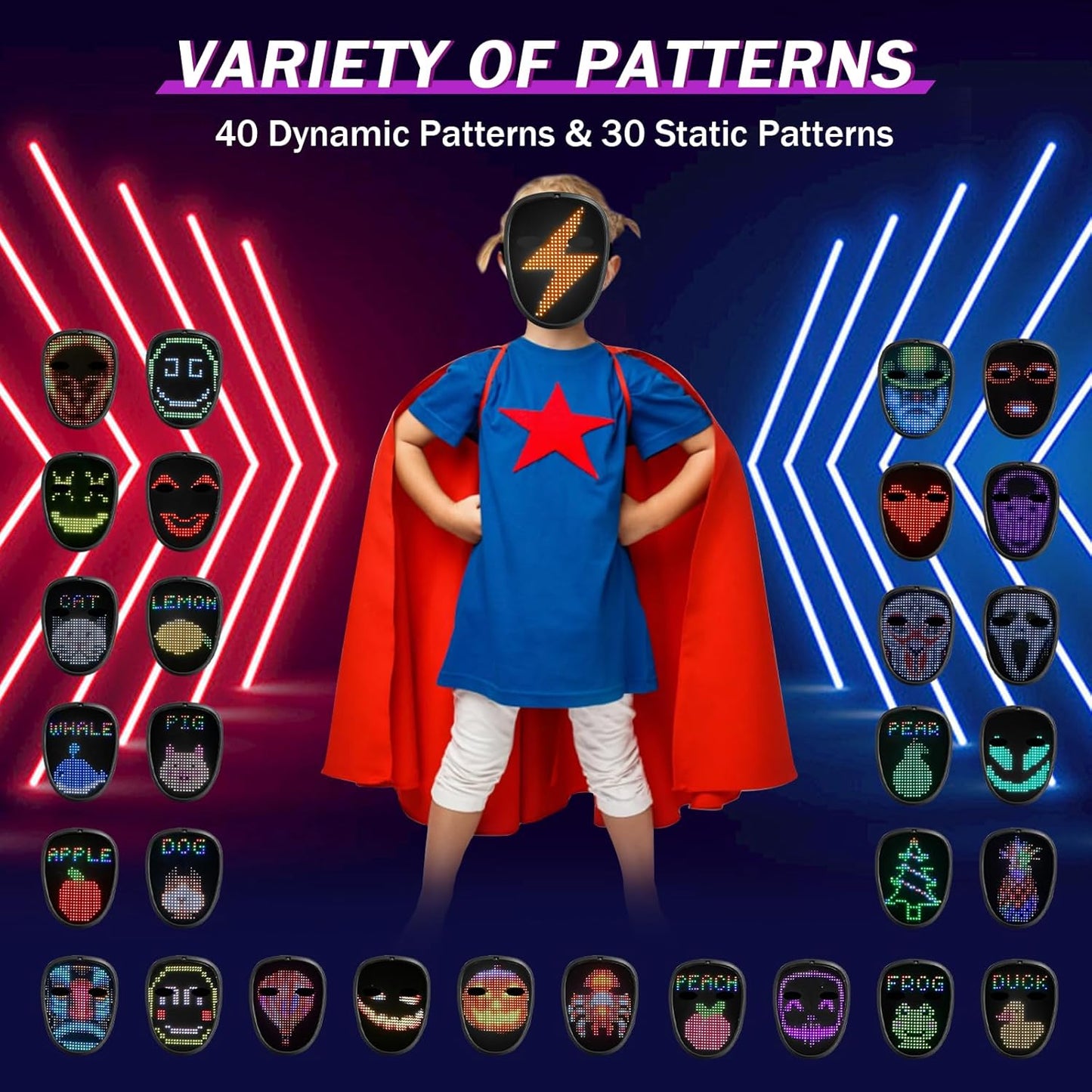 LED Mask with Gesture Sensing - 70 Patterns Display - Kids Halloween Christmas Costume Cosplay Masquerade