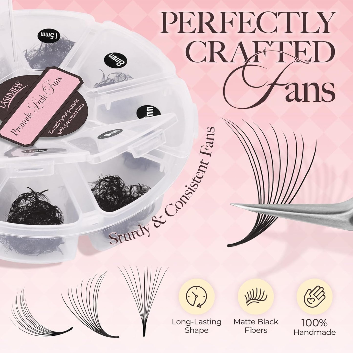 LASHVIEW 600 Premade Volume Eyelash Extensions Mixed Tray - D Curl, Pointed, Loose Fans (10D-0.07D, 8-15mm)