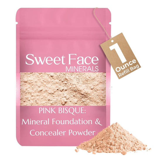 Foundation Powder Refill (Pink Bisque) (1 Ounce Bag) By Sweet Face Minerals, Lightweight Mineral Loose Makeup Powder with SPF 20, Full Coverage Flawless Finish, Talc-free, Cruelty-Free, Refill Pouch